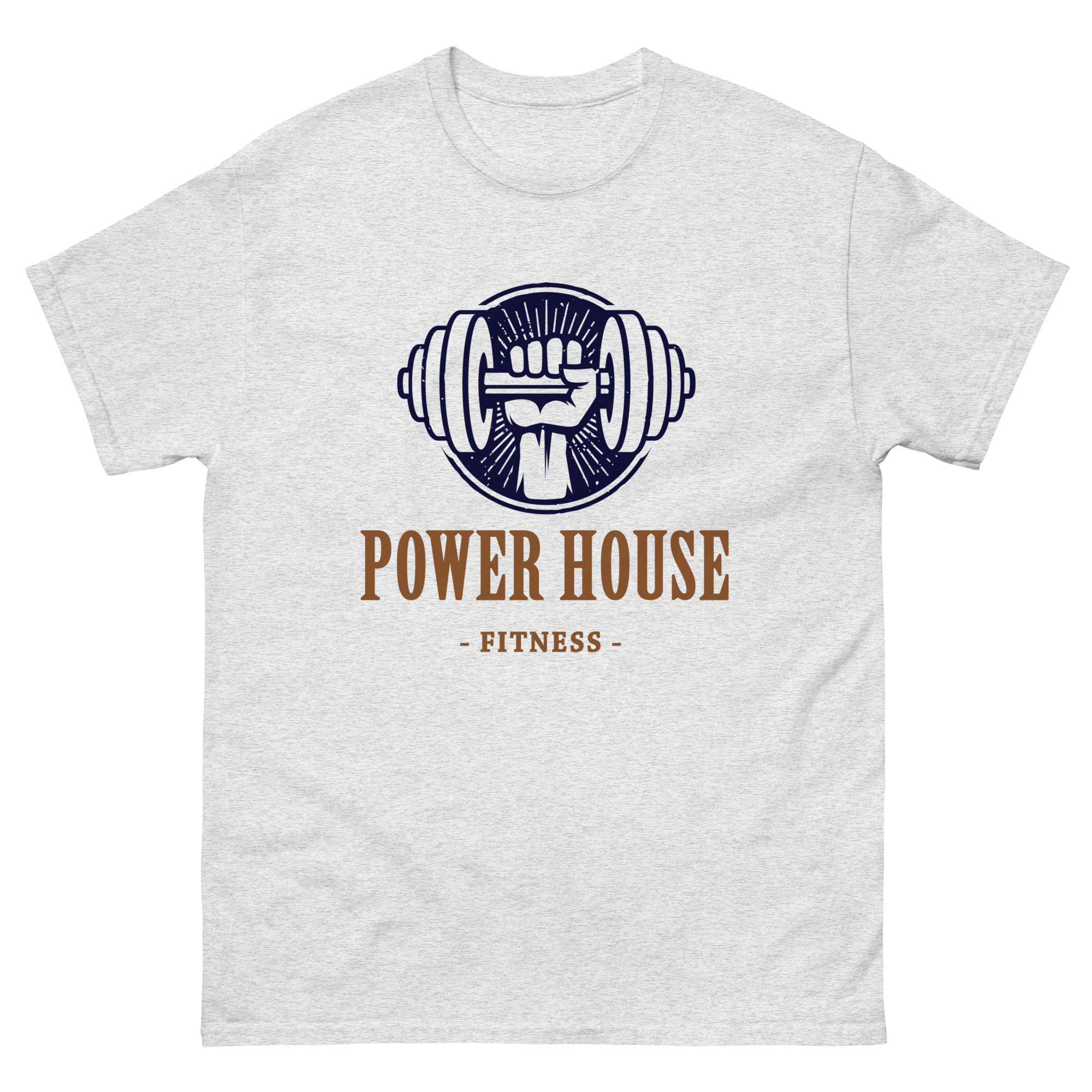 White t-shirt with a fist holding a dumbbell graphic and powerhouse gym shirt