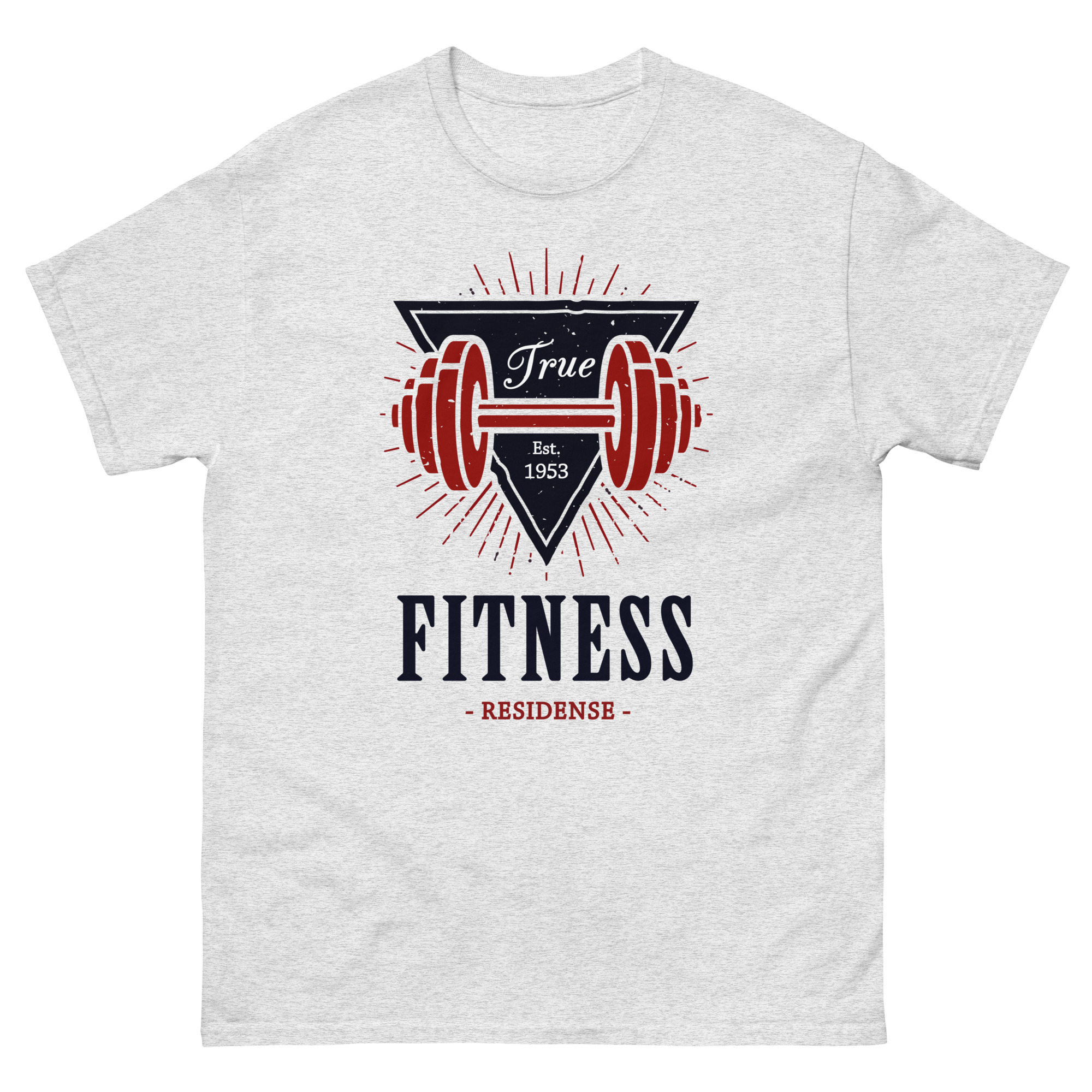 Heather gray t-shirt with red barbell and vintage fitness triangle logo reading True Fitness Residence