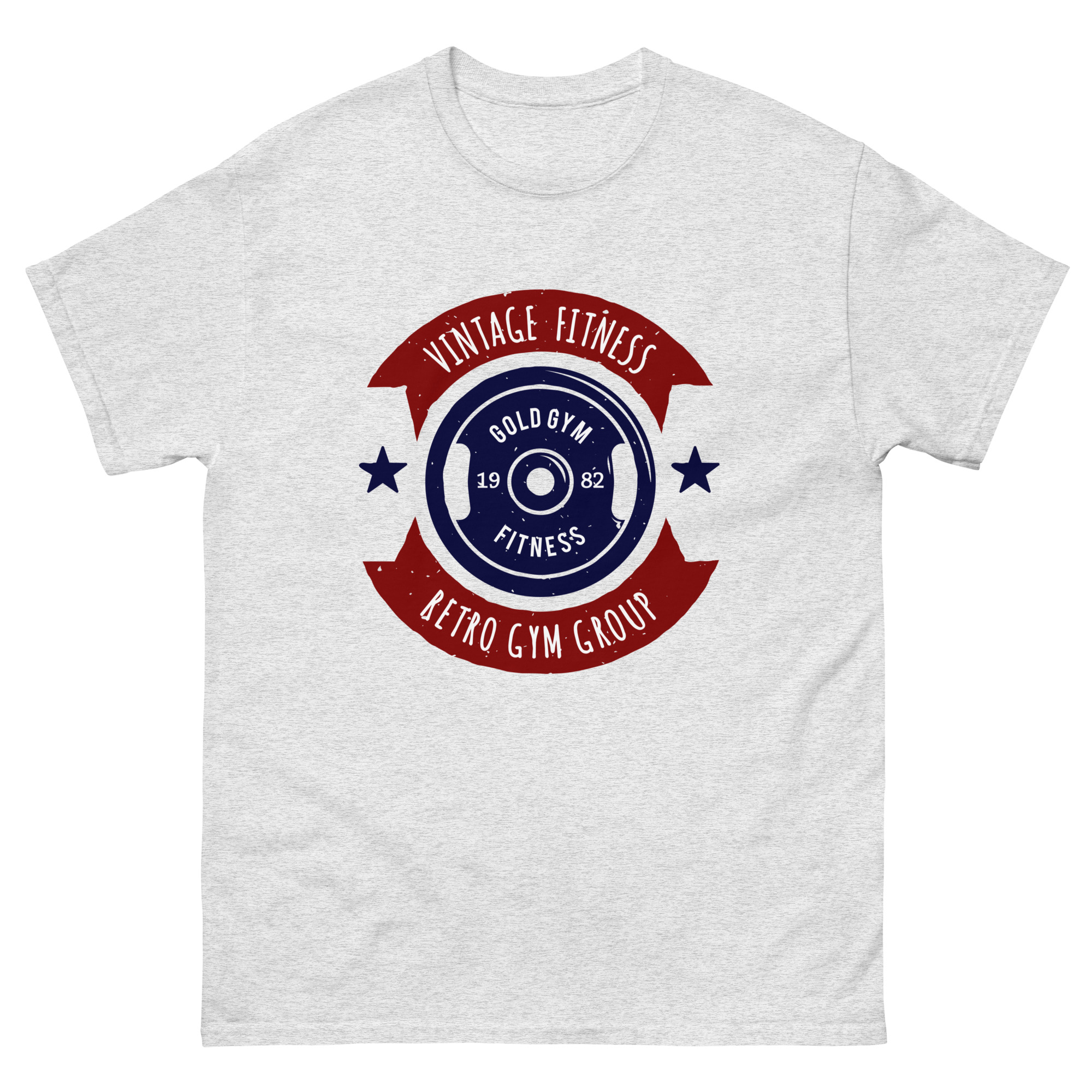 Heather gray t-shirt with navy weight plate and red Vintage Fitness Retro Gym Group design