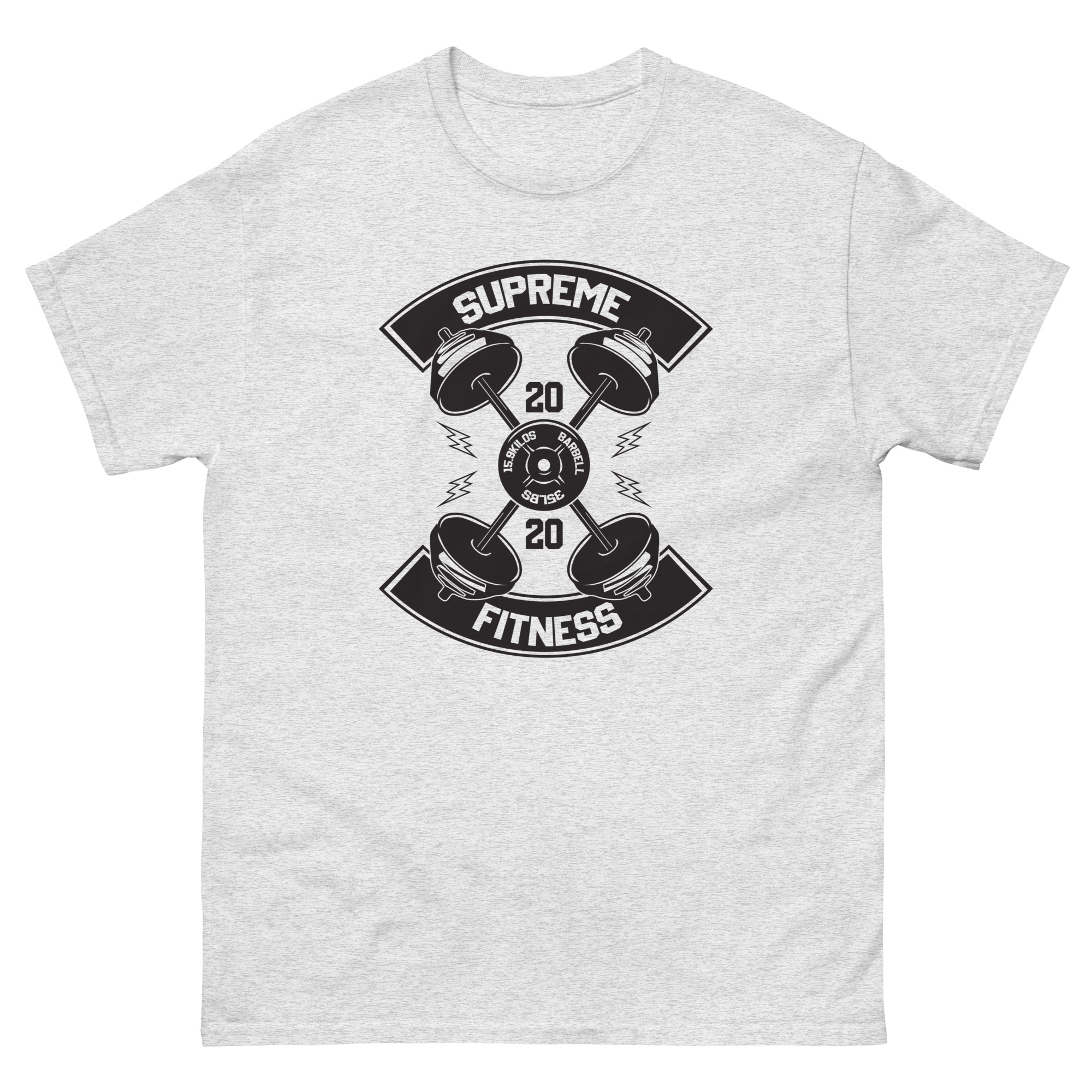 Heather gray t-shirt with black and white Supreme Fitness 2020 dumbbell and weight plate design