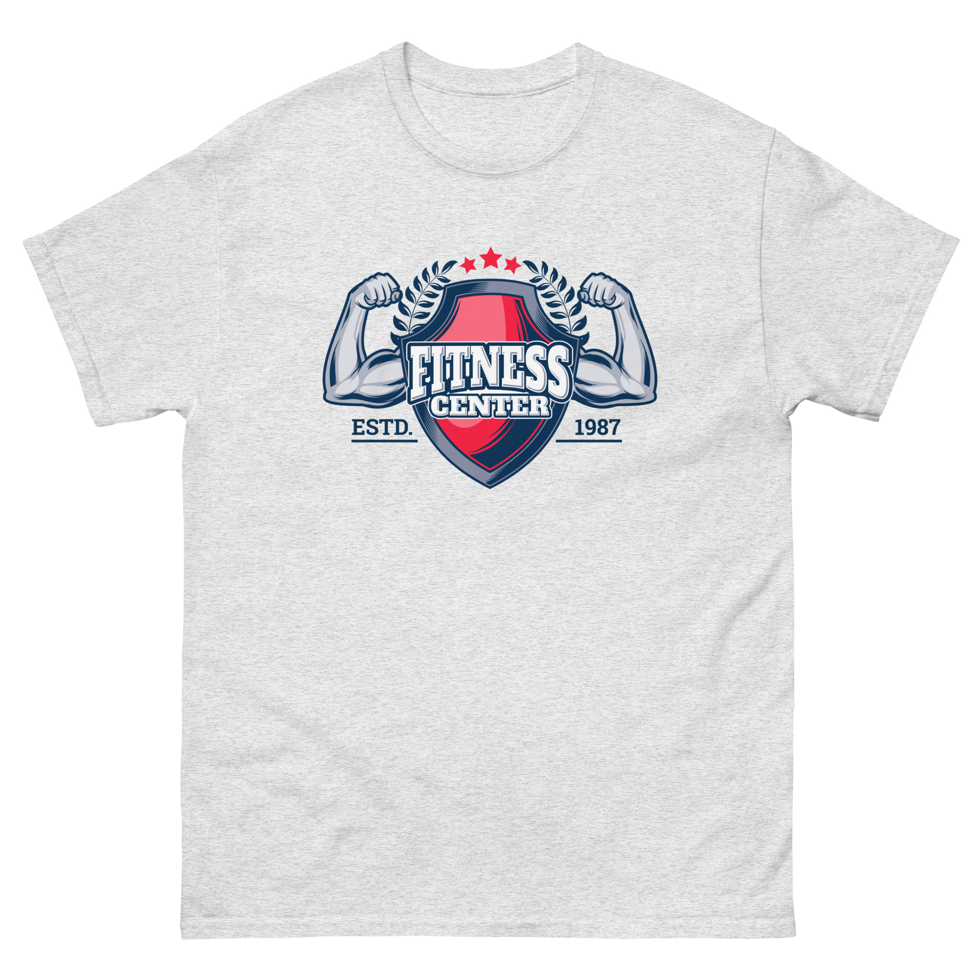 Heather gray t-shirt with red and blue Fitness Center Est. 1987 shield and flexed arms design