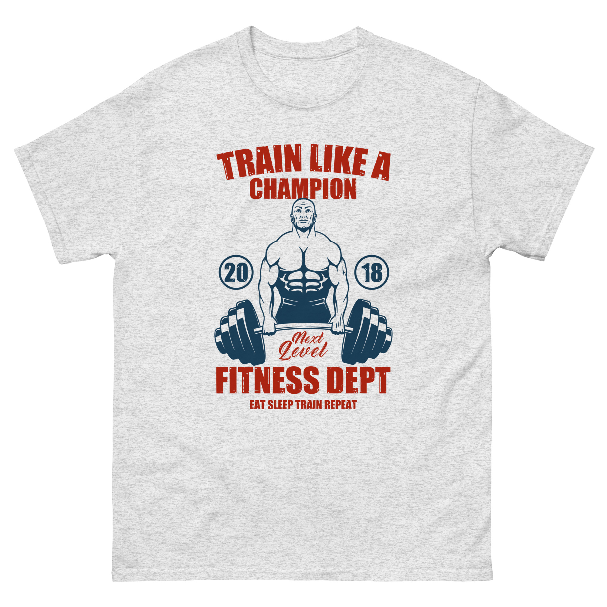 Grey gym t-shirt with muscular man lifting dumbbells and Train Like a Champion slogan