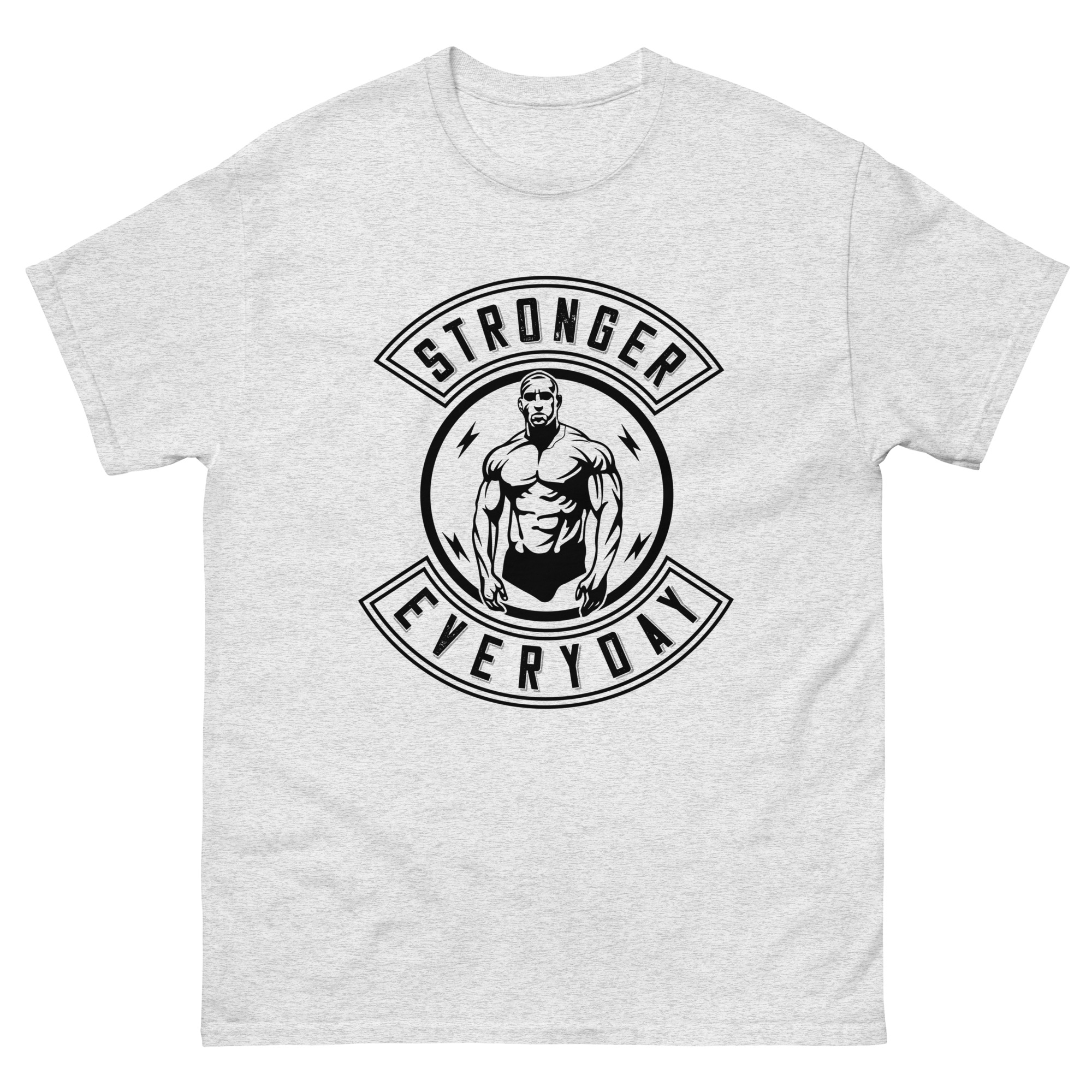 Grey t-shirt with muscular man graphic and Stronger Everyday text