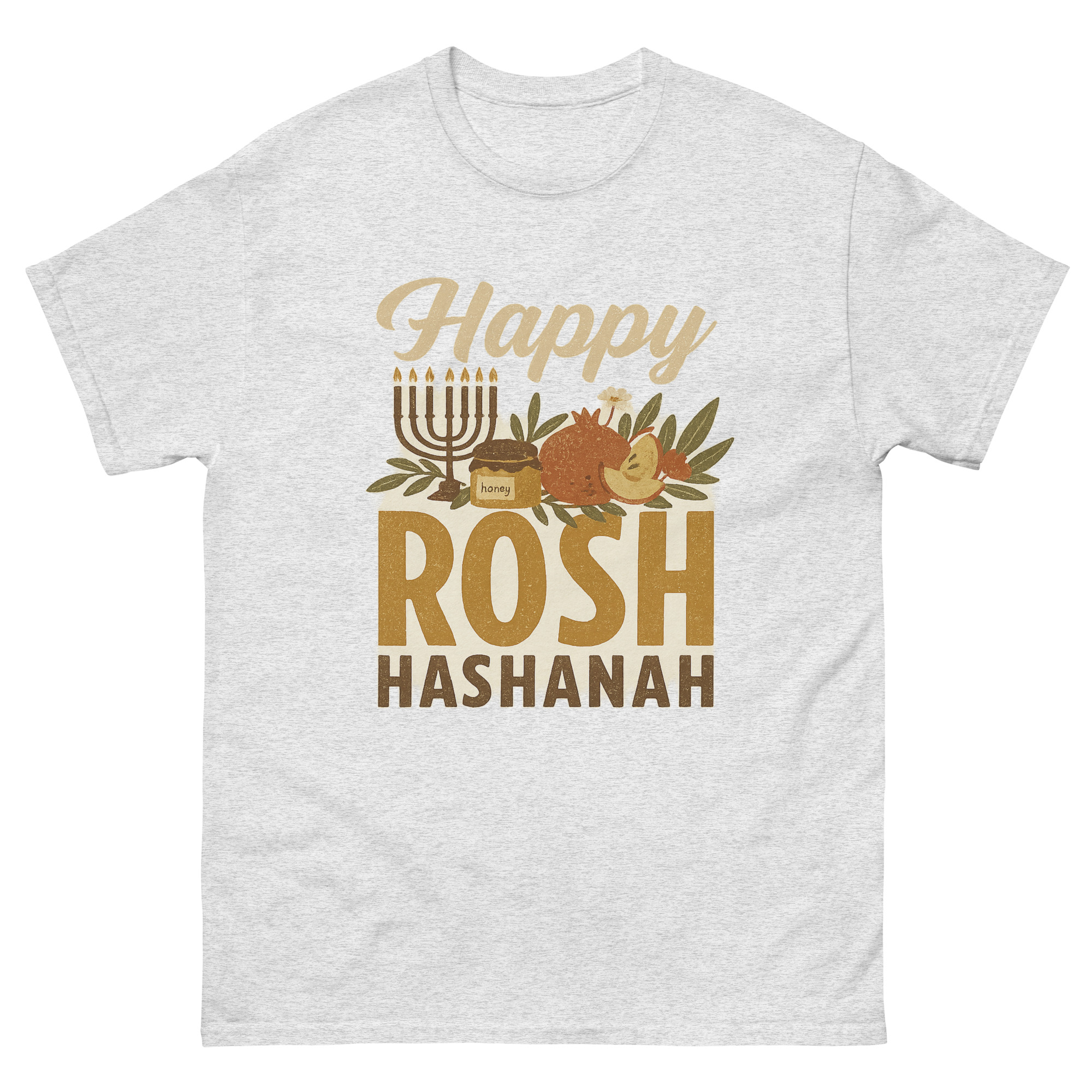 Happy Rosh Hashanah T-Shirt with Menorah and Apples Design