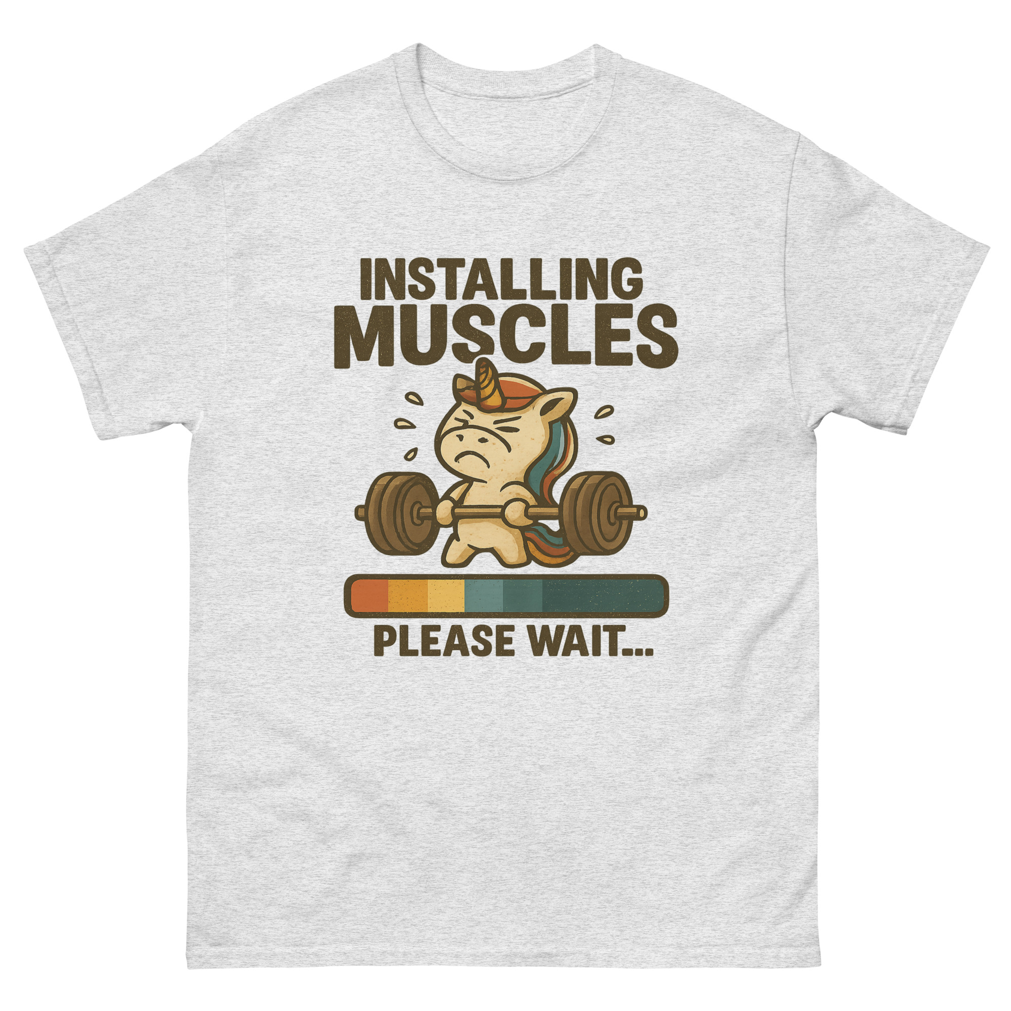 Funny unicorn gym shirt with text Installing Muscles Please Wait and cartoon weightlifting design