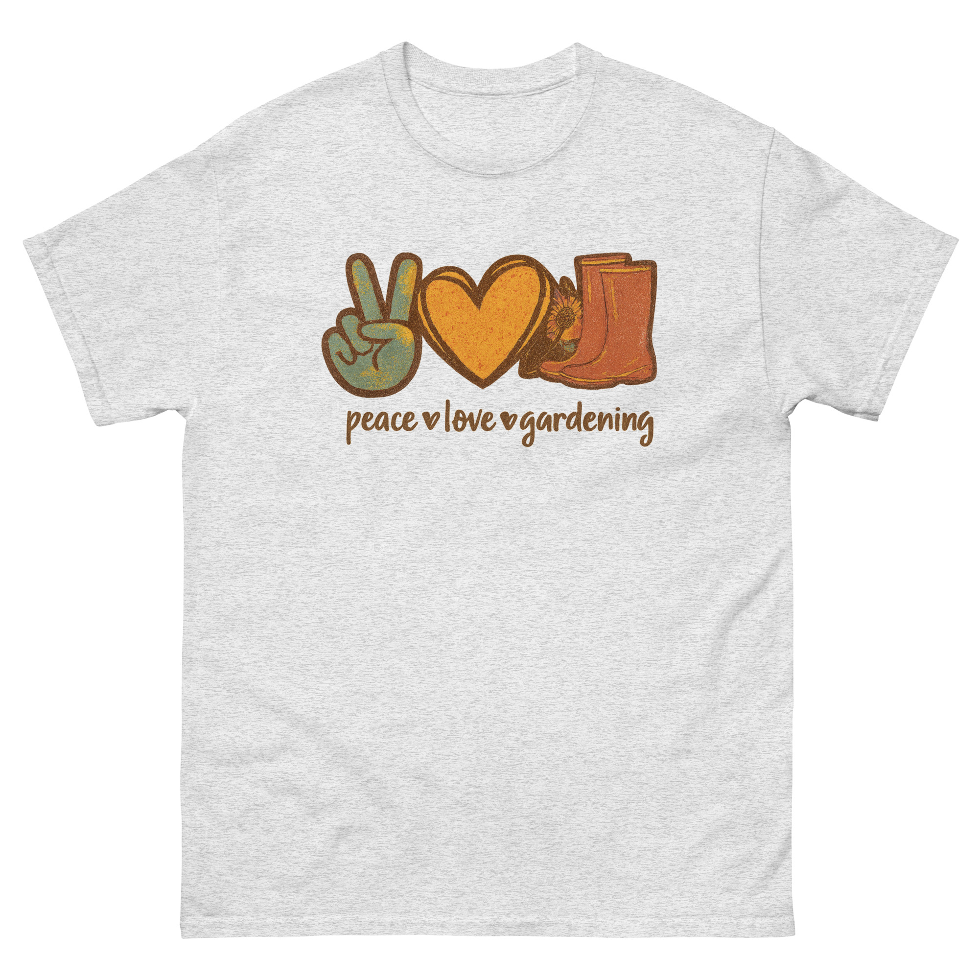 Peace Love Gardening shirt with peace sign, heart and boots