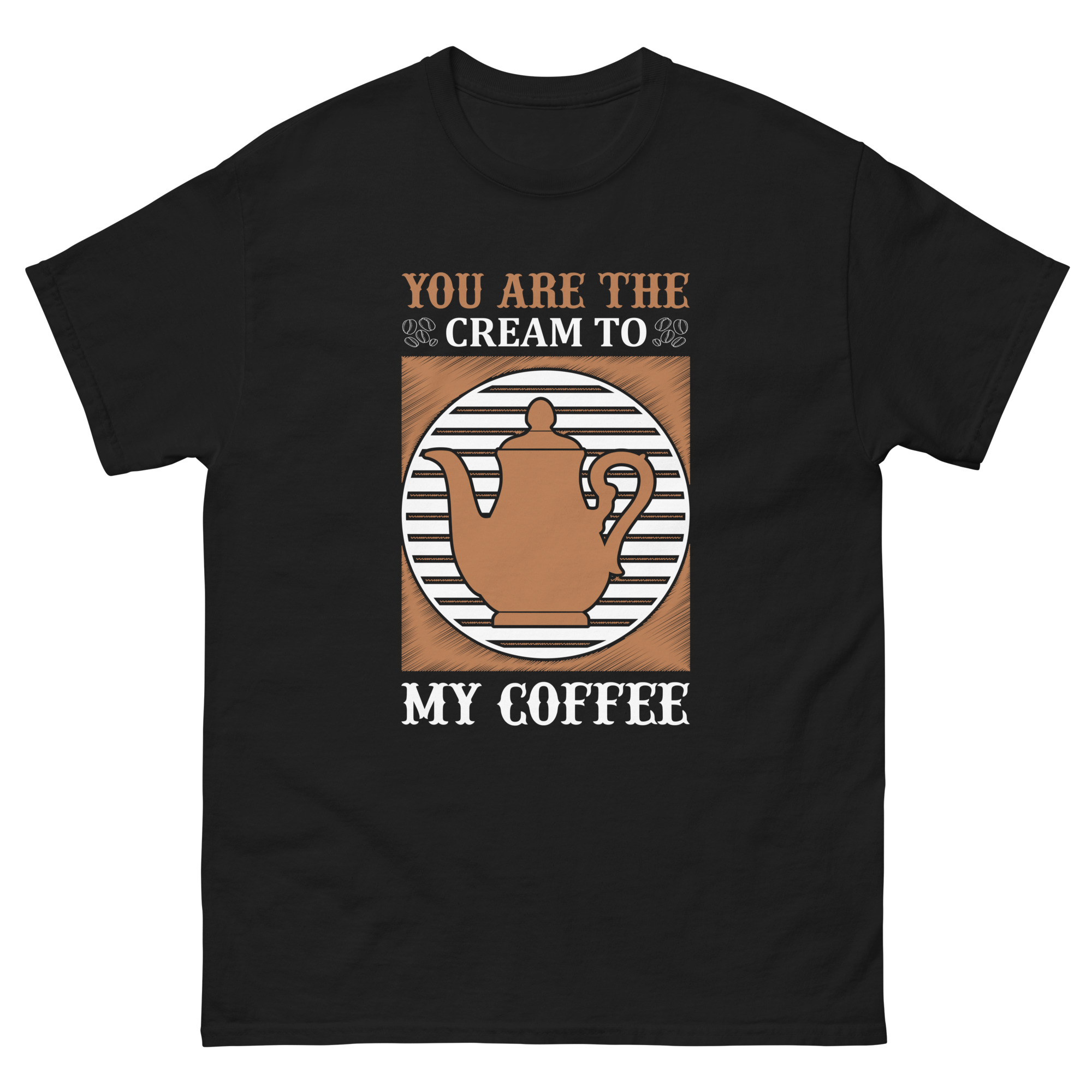 Black t-shirt with teapot graphic and quote “You Are the Cream to My Coffee” – cute romantic coffee pun shirt for couples