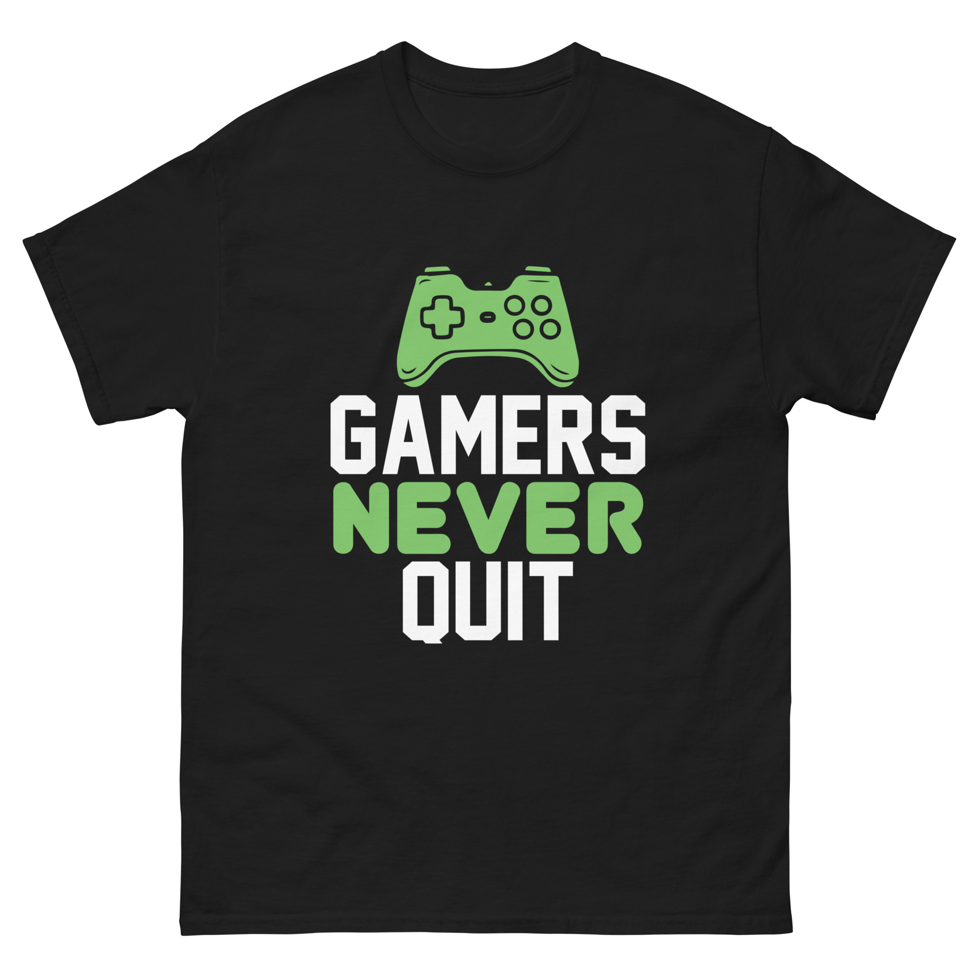 Gamers Never Quit t-shirt with green controller design