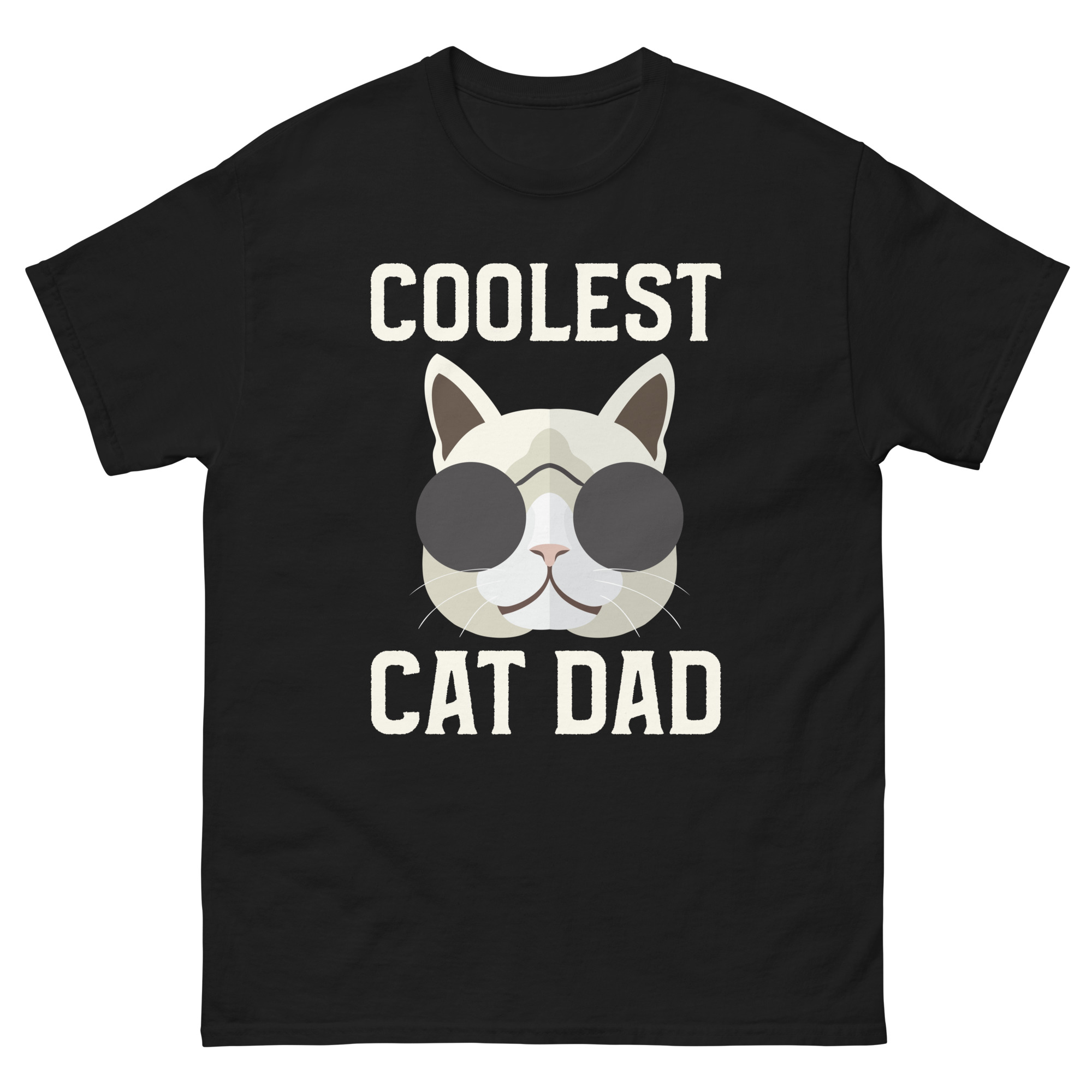 Black t-shirt with “Coolest Cat Dad” text and cartoon cat wearing sunglasses