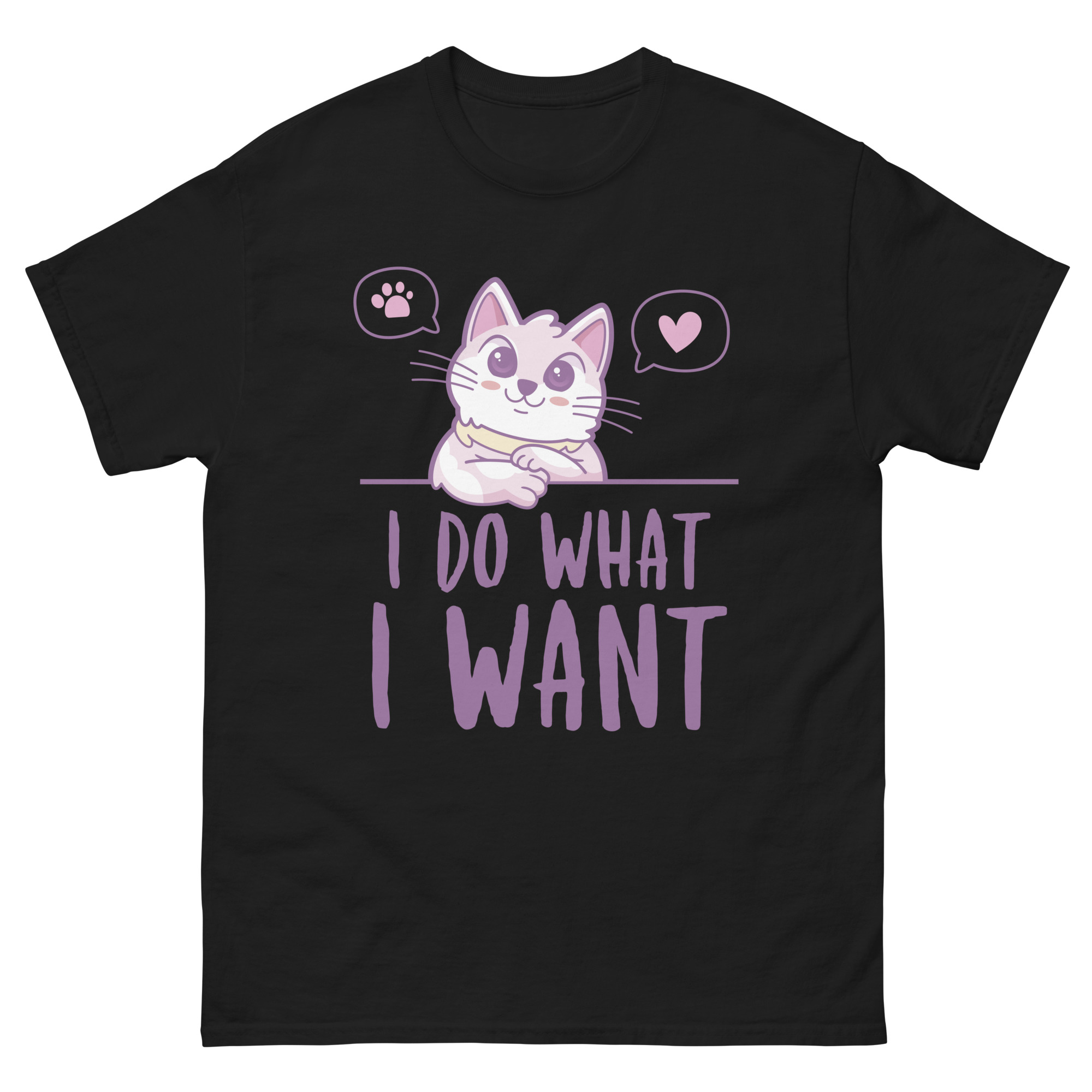 Black t-shirt with cute white cat and purple text “I Do What I Want”