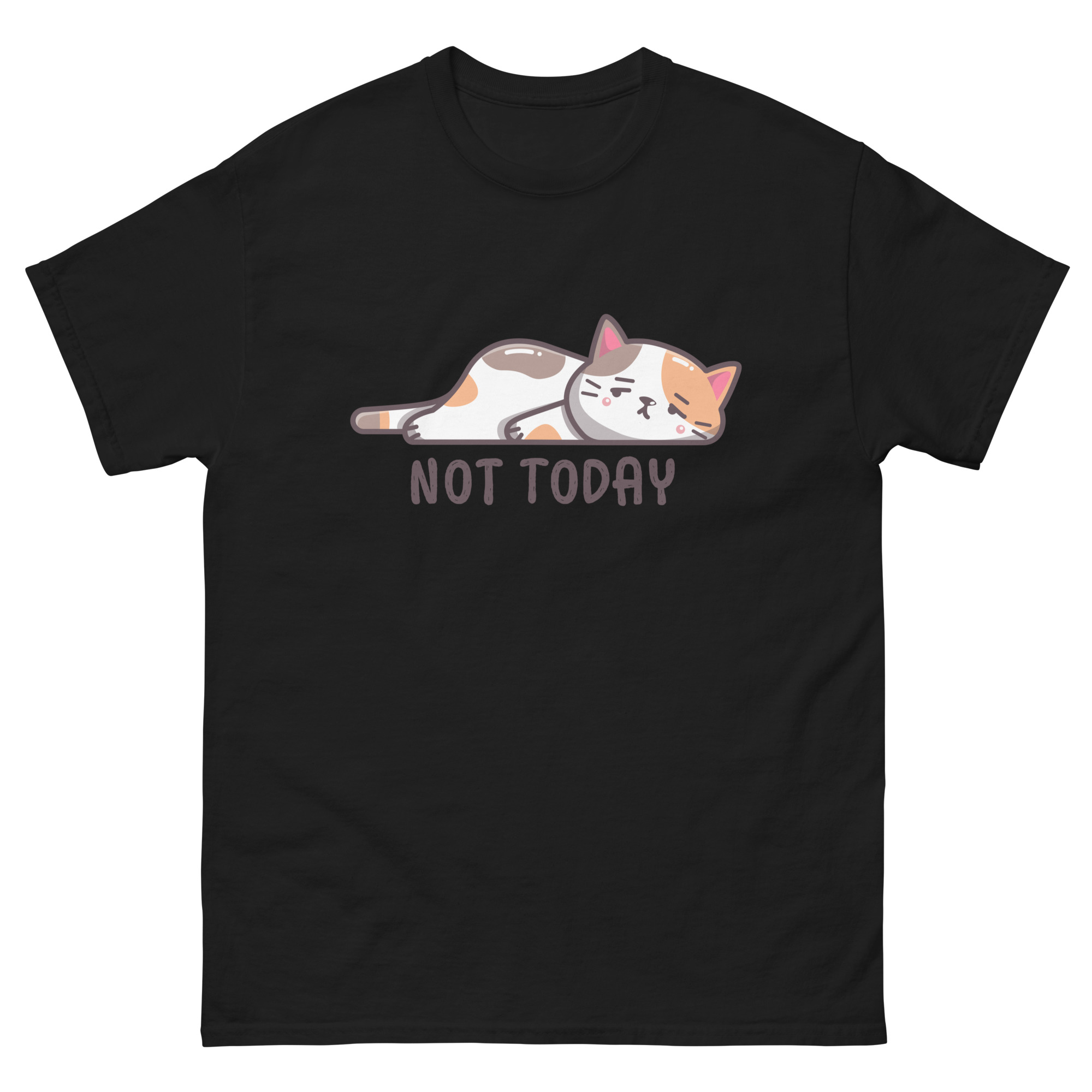 Black t-shirt with cute calico cat sleeping above the words “Not Today”