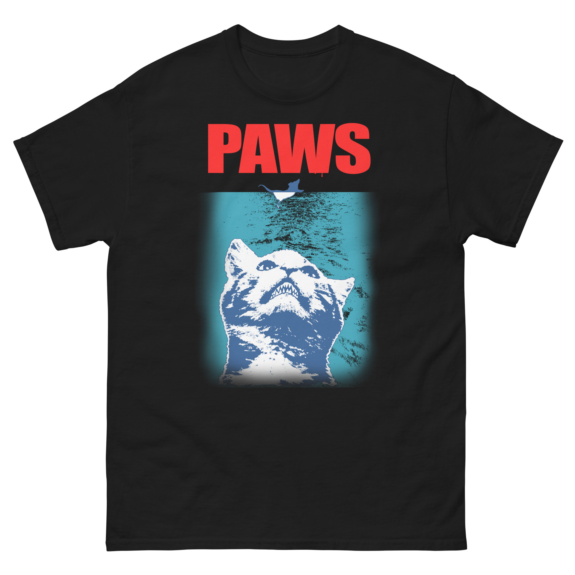 Black t-shirt with “PAWS” in red and a dramatic cat parody graphic in blue