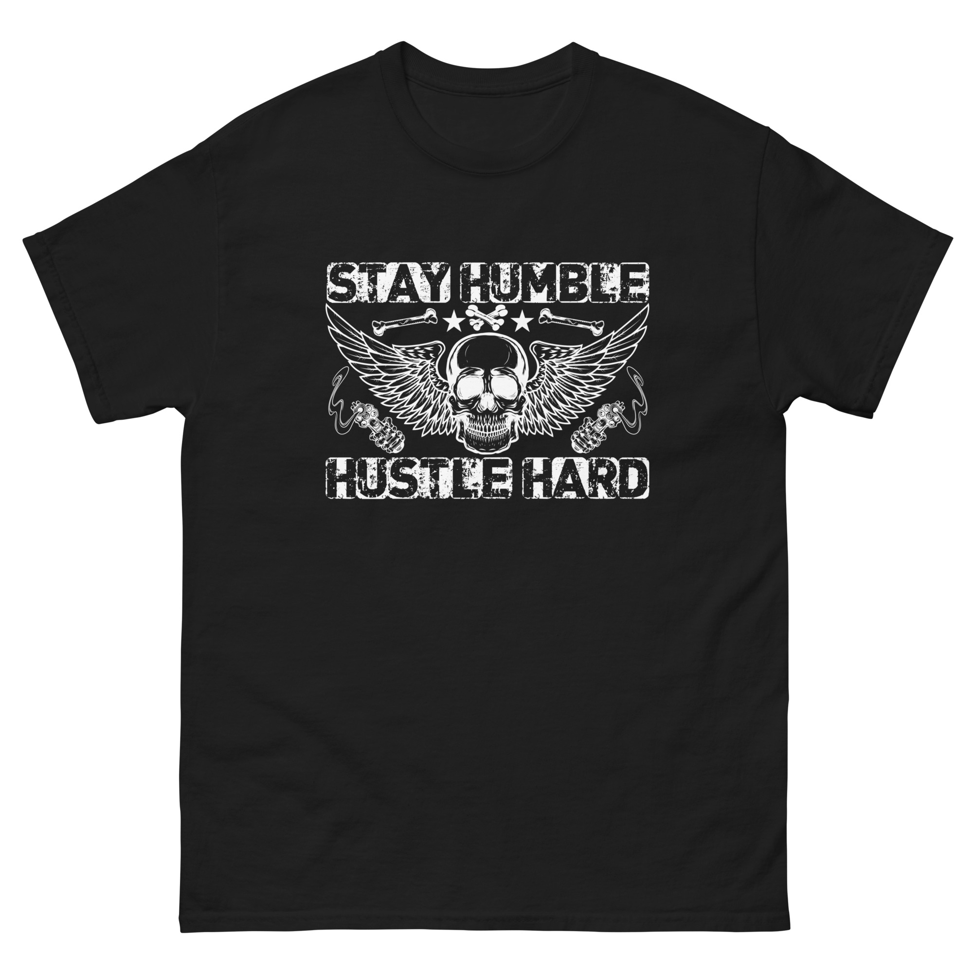 Stay Humble Hustle Hard Skull T-Shirt with Winged Design