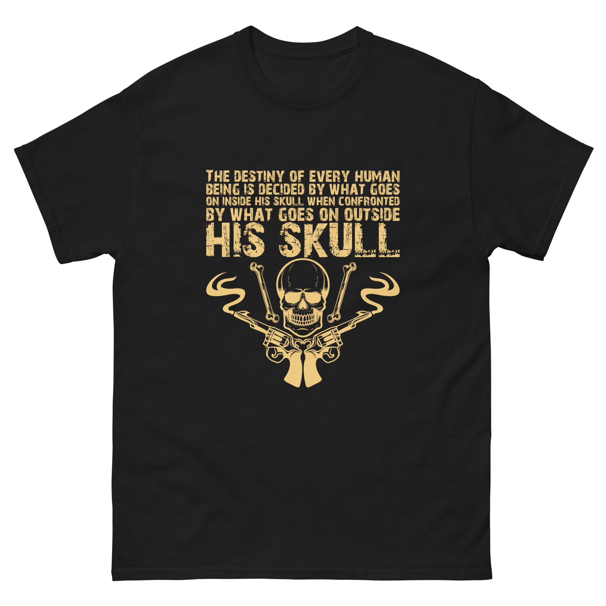 His Skull Destiny T-Shirt with Guns and Smoke Graphic