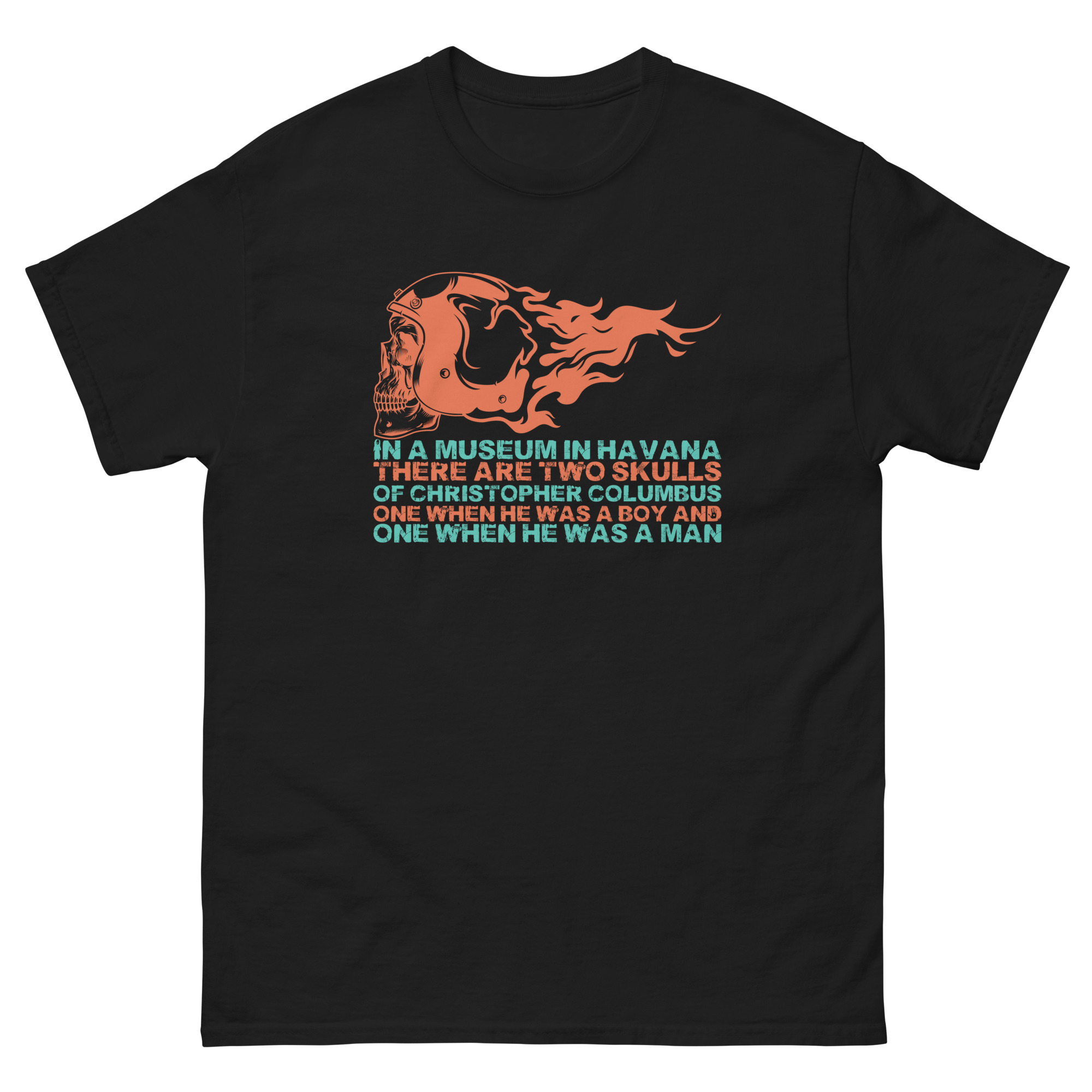 Flaming Skull Columbus Graphic T-Shirt with Historical Text