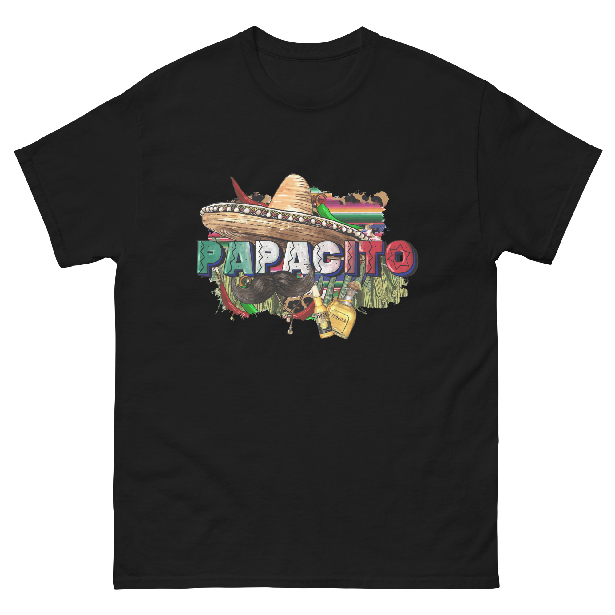 papacito shirt with sombrero and tequila bottles