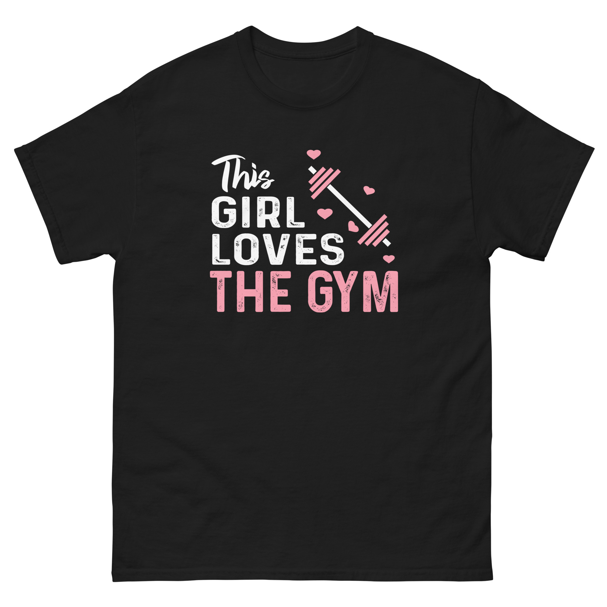 Black t-shirt with white and pink This Girl Loves the Gym text and pink barbell hearts design