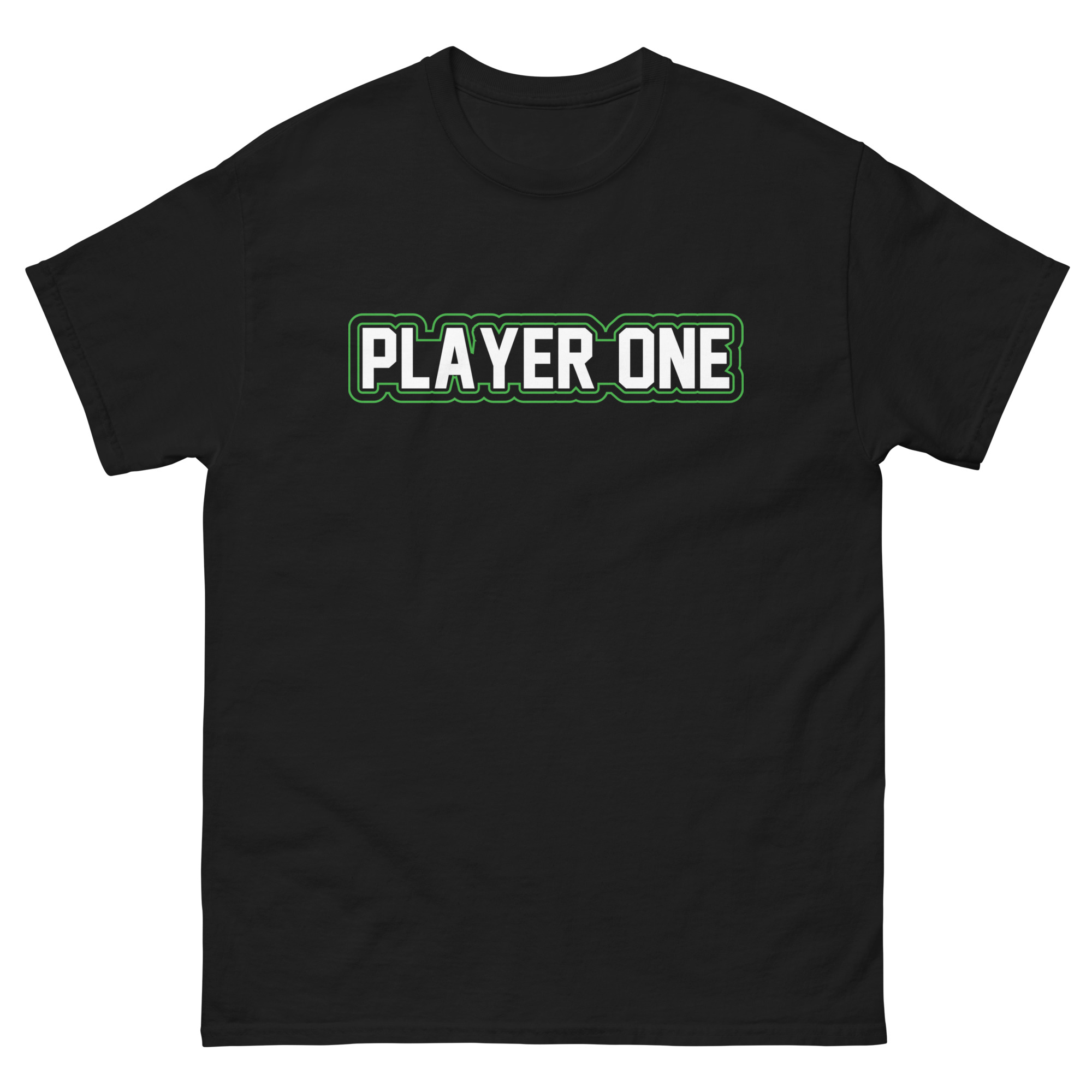 Player One gamer t-shirt in black with green and white text