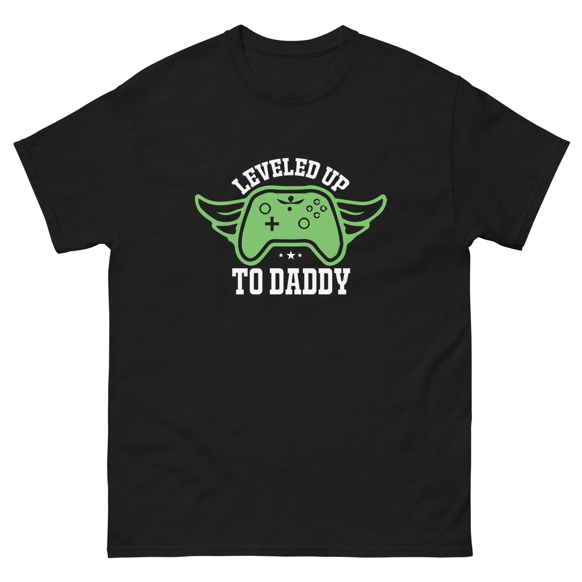 Leveled Up to Daddy gamer dad t-shirt in black with green controller
