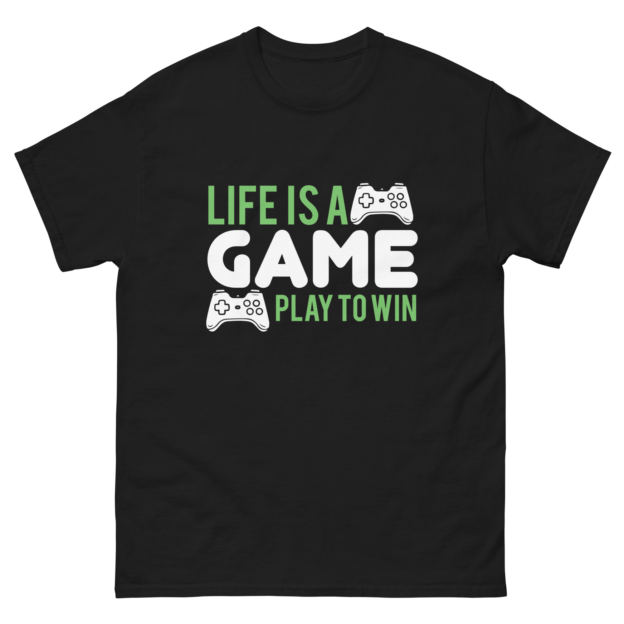 Life Is a Game t-shirt with white controllers and green text