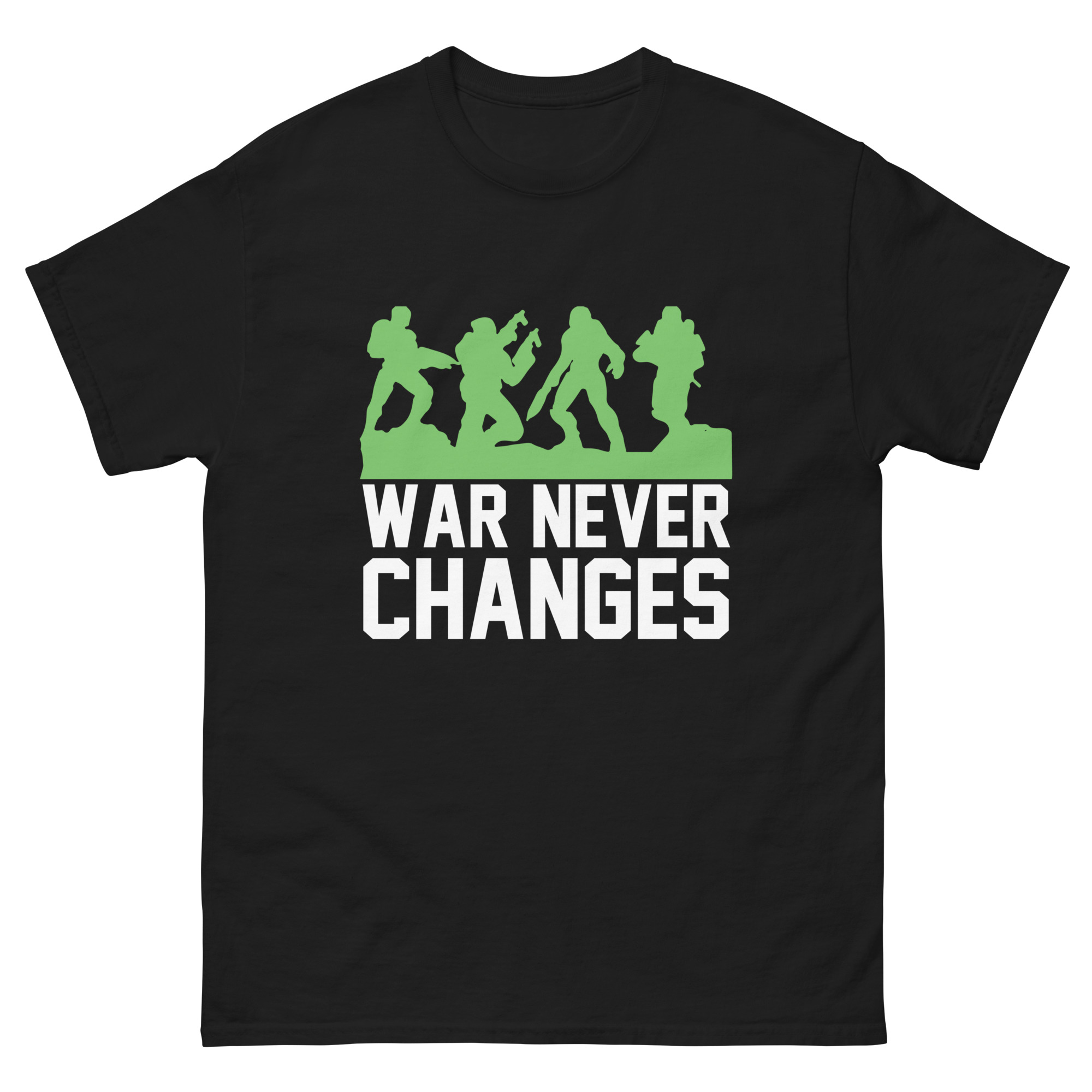 War Never Changes t-shirt with green soldier silhouettes