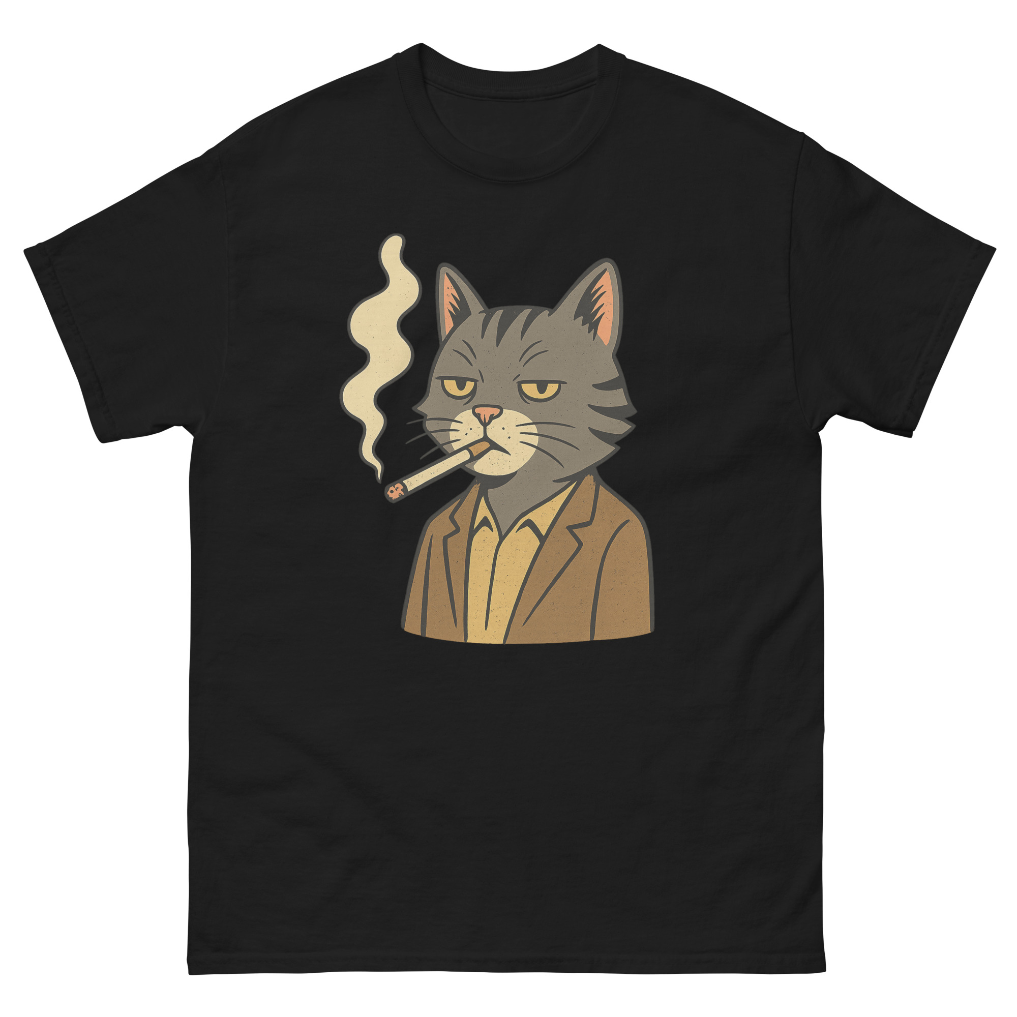 Black t-shirt with retro cartoon cat in a brown suit smoking a cigarette