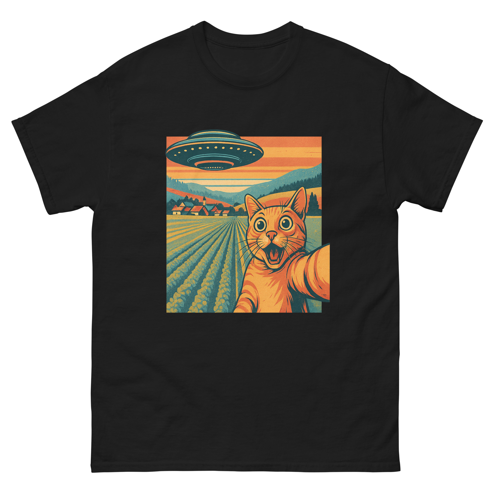 Black t-shirt with cartoon orange cat taking a selfie as UFO hovers above a farm field