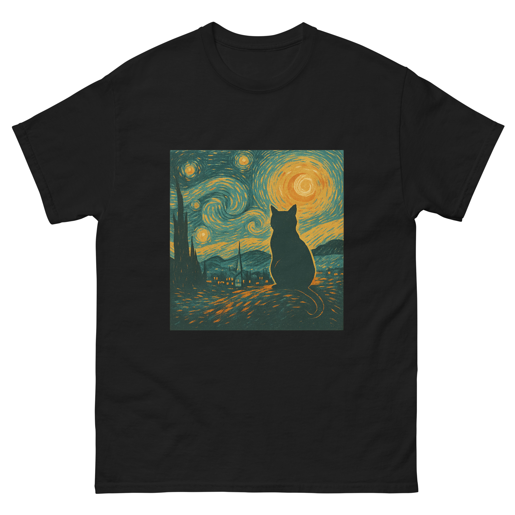 Black t-shirt with a cat silhouette sitting against Van Gogh’s Starry Night painting