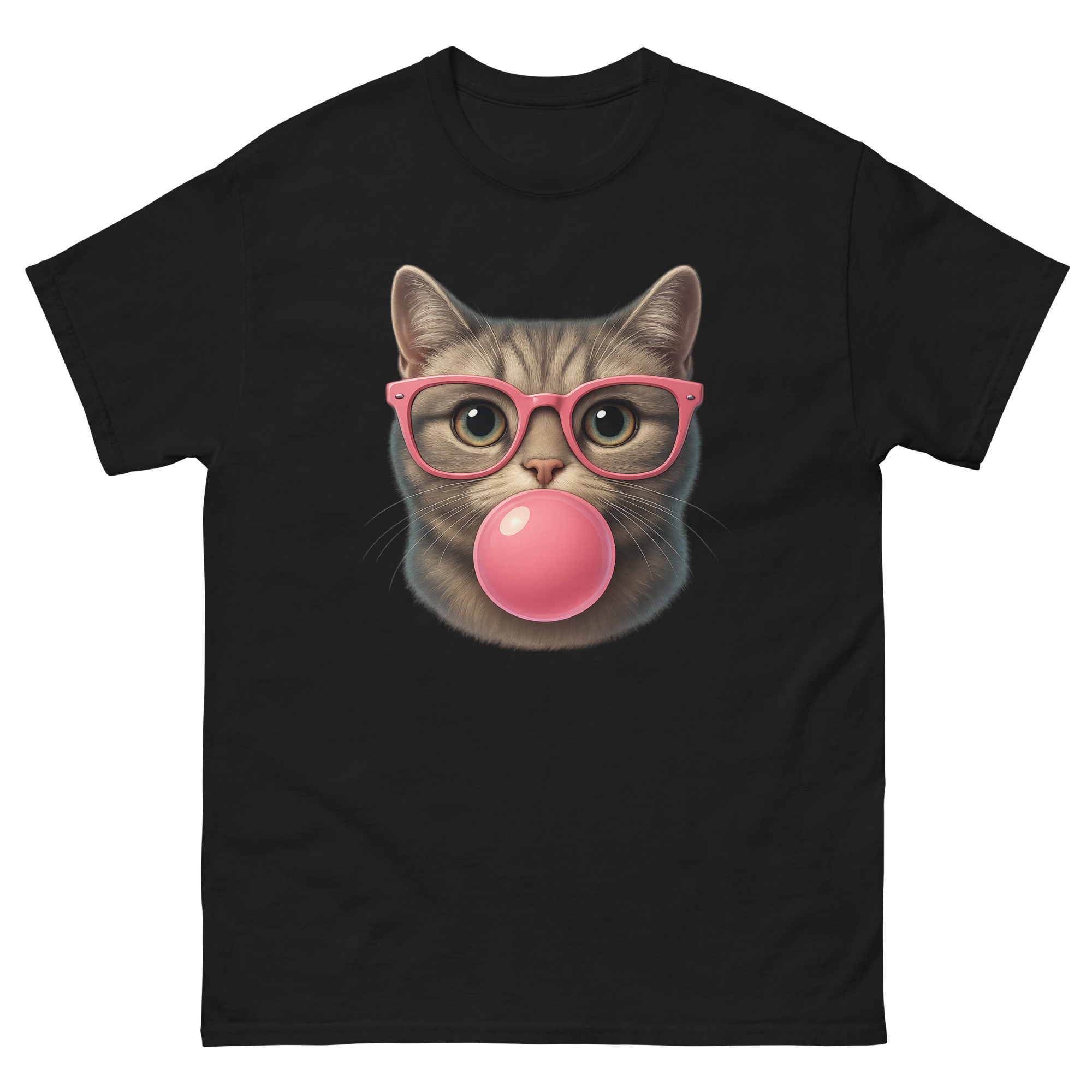 Black t-shirt with a cat wearing pink glasses blowing pink bubble gum