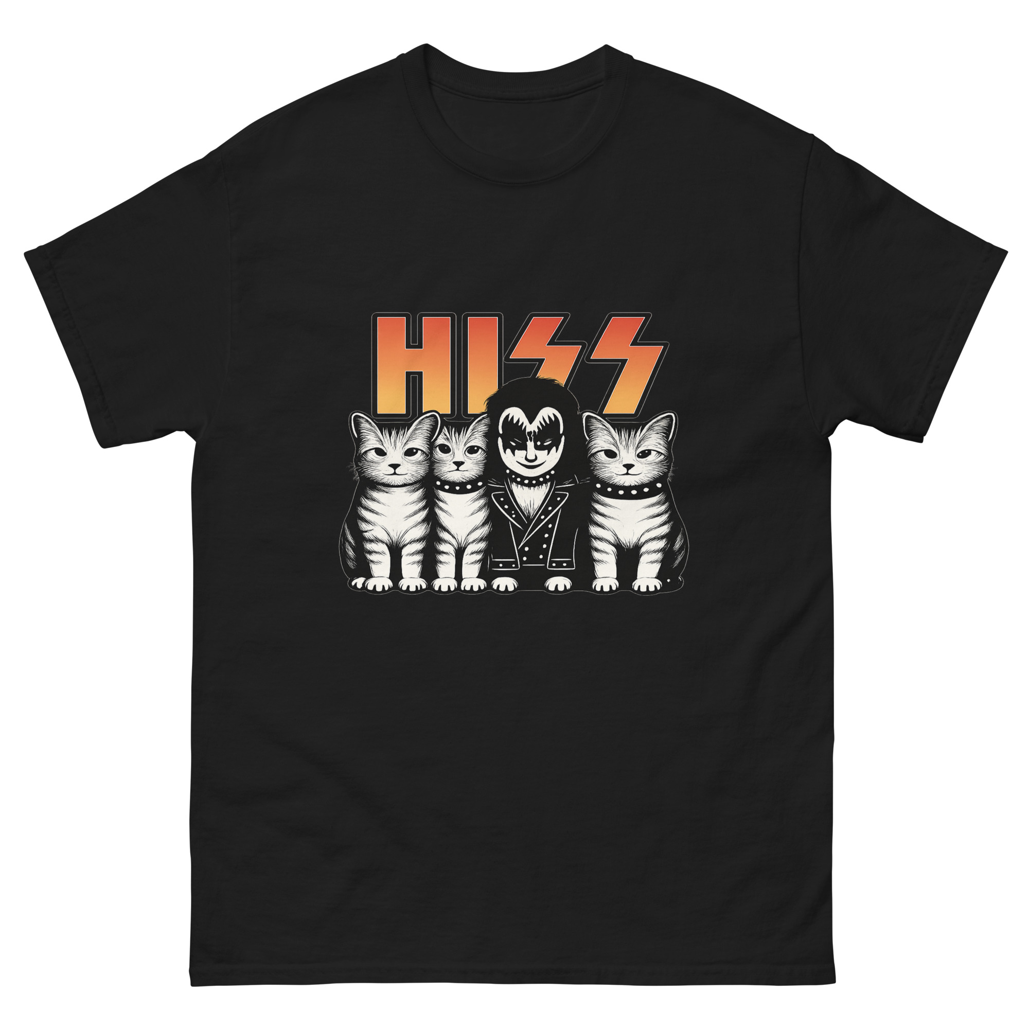 Black t-shirt with three cats and a rock band parody design saying "HISS"