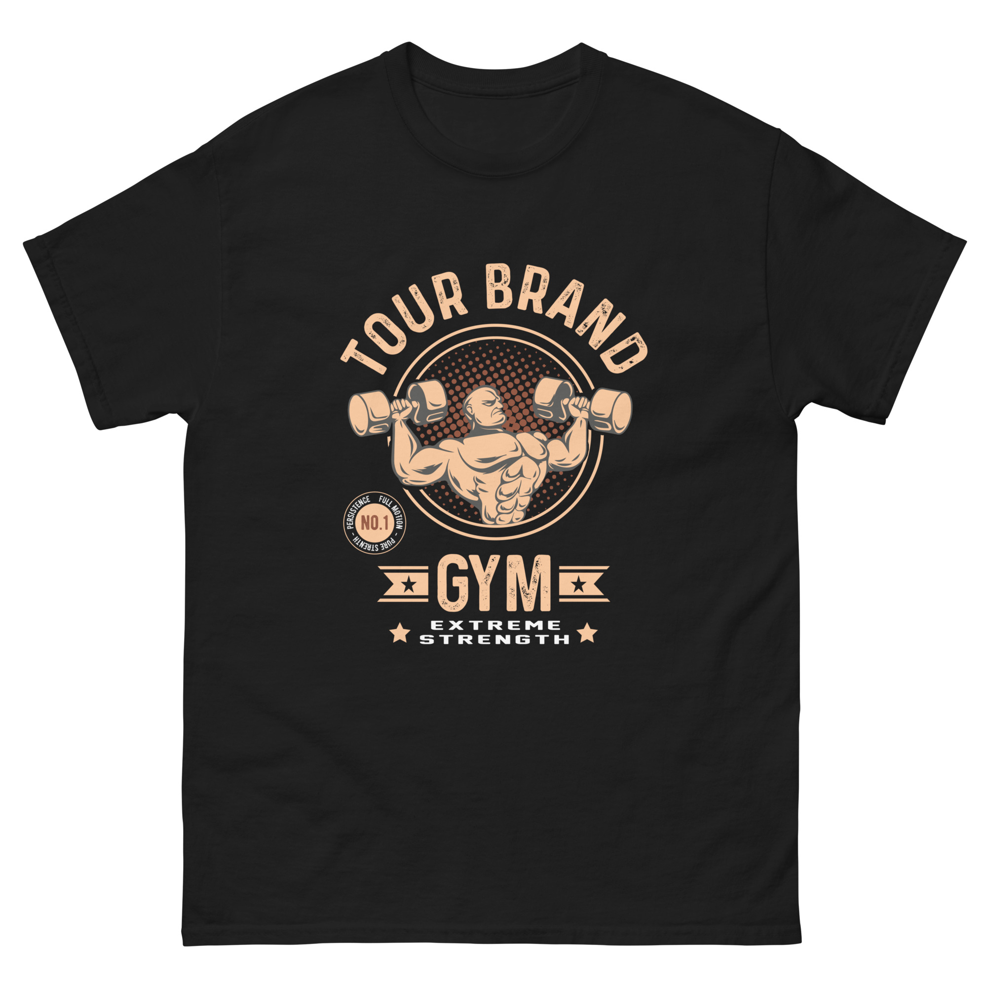 Black Tour Brand Gym t-shirt with bodybuilder lifting dumbbells and Extreme Strength text