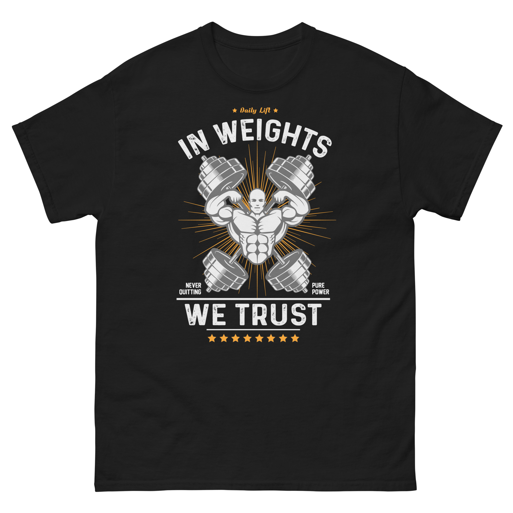 Black In Weights We Trust t-shirt with bodybuilder and dumbbell graphic for hardcore lifters
