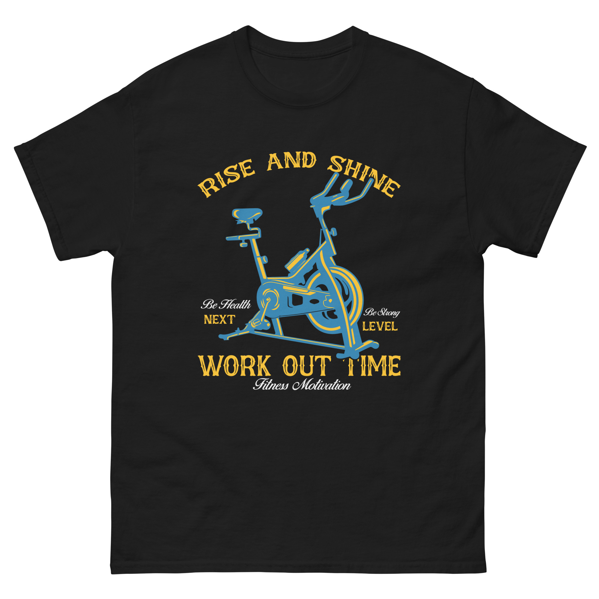 Black Rise and Shine workout t-shirt with blue stationary bike graphic and fitness motivation text