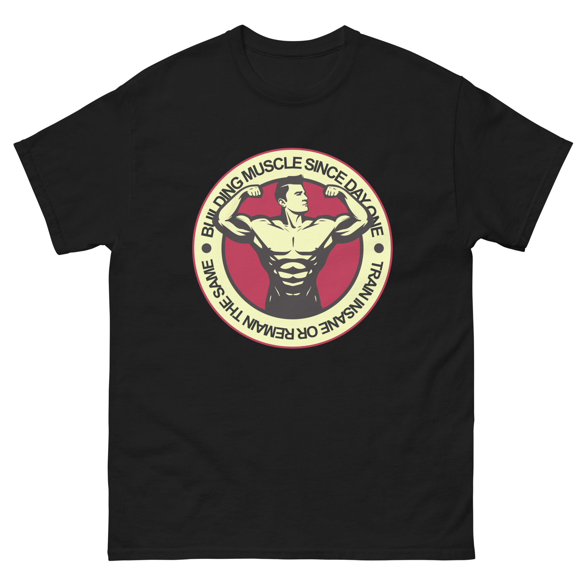 Black bodybuilding t-shirt with flexing man and Train Insane or Remain the Same slogan