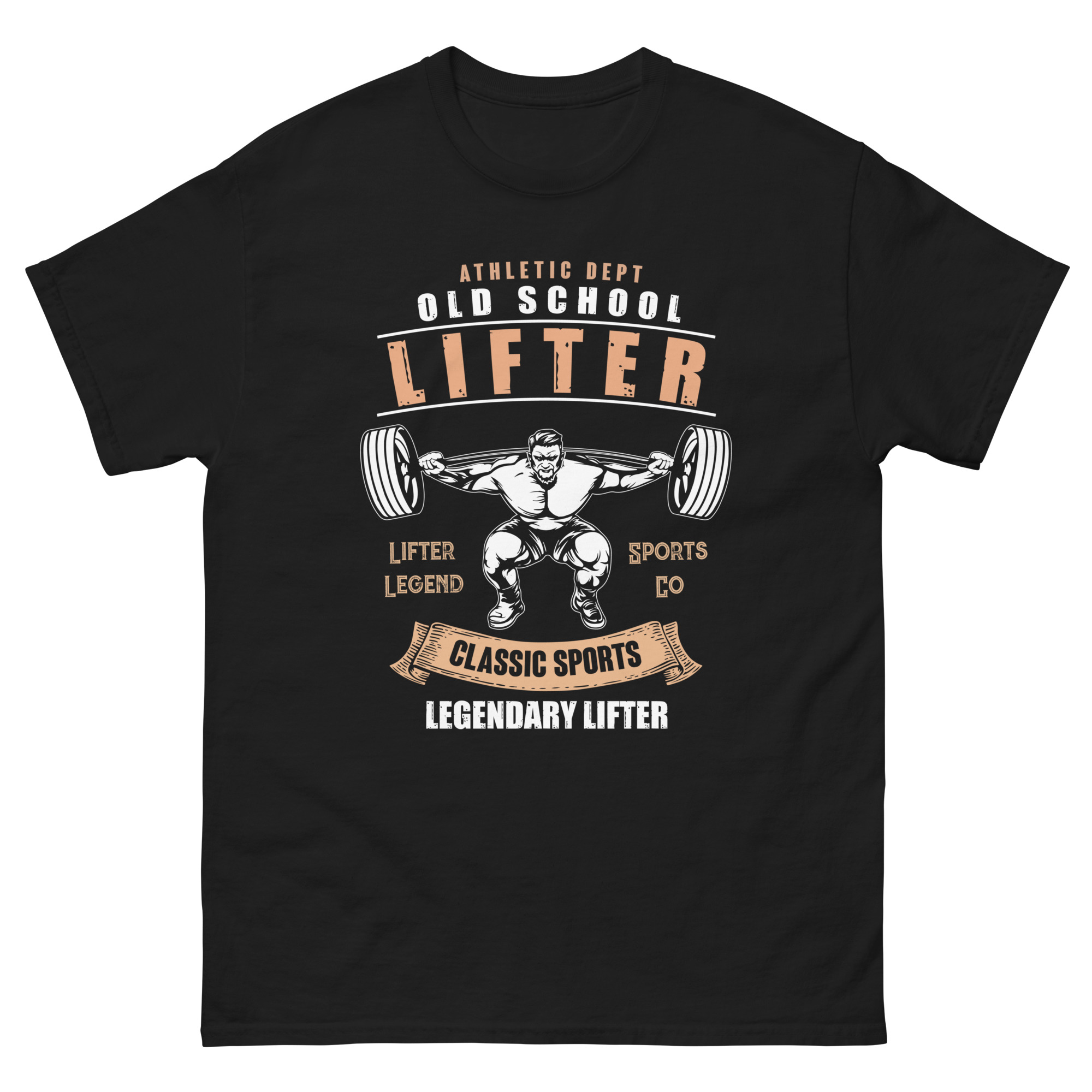 Black t-shirt with vintage Old School Lifter barbell design
