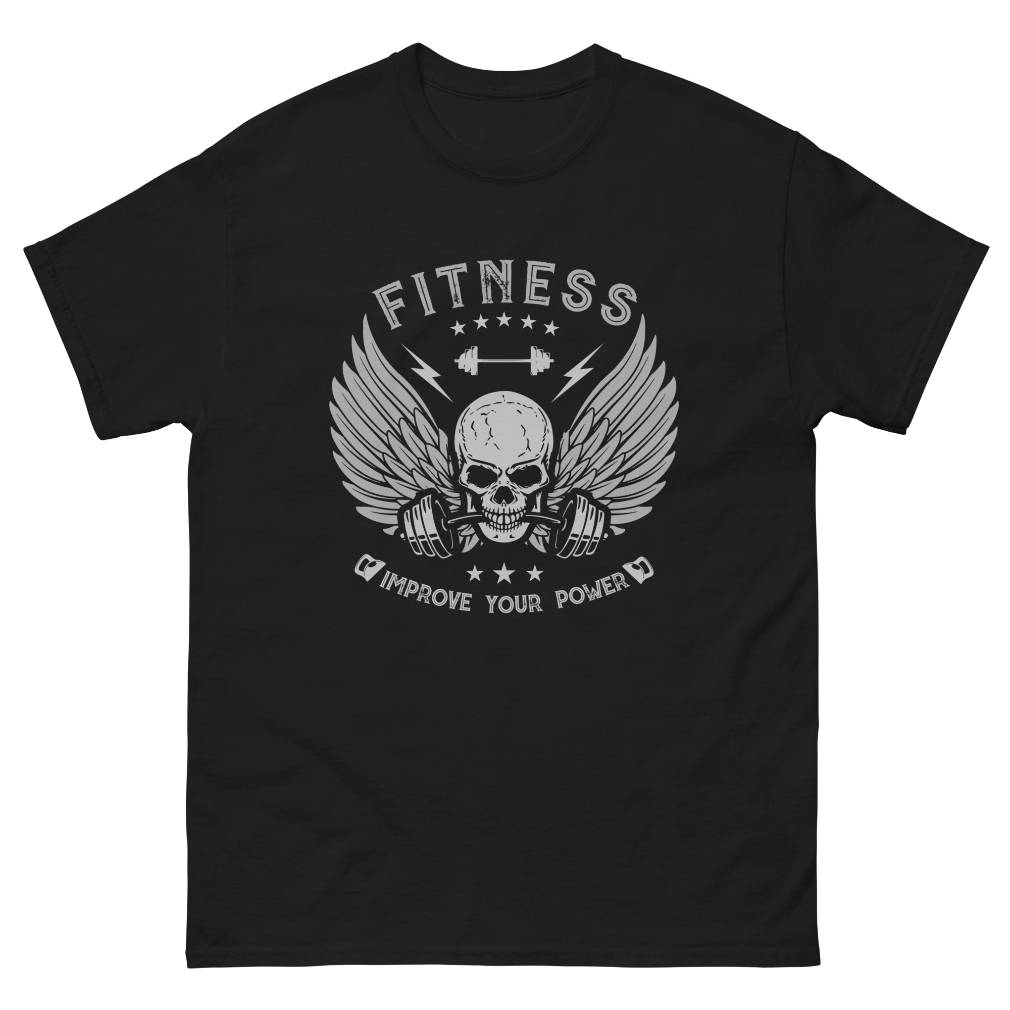 Black t-shirt with skull, wings, and barbell design – Improve Your Power