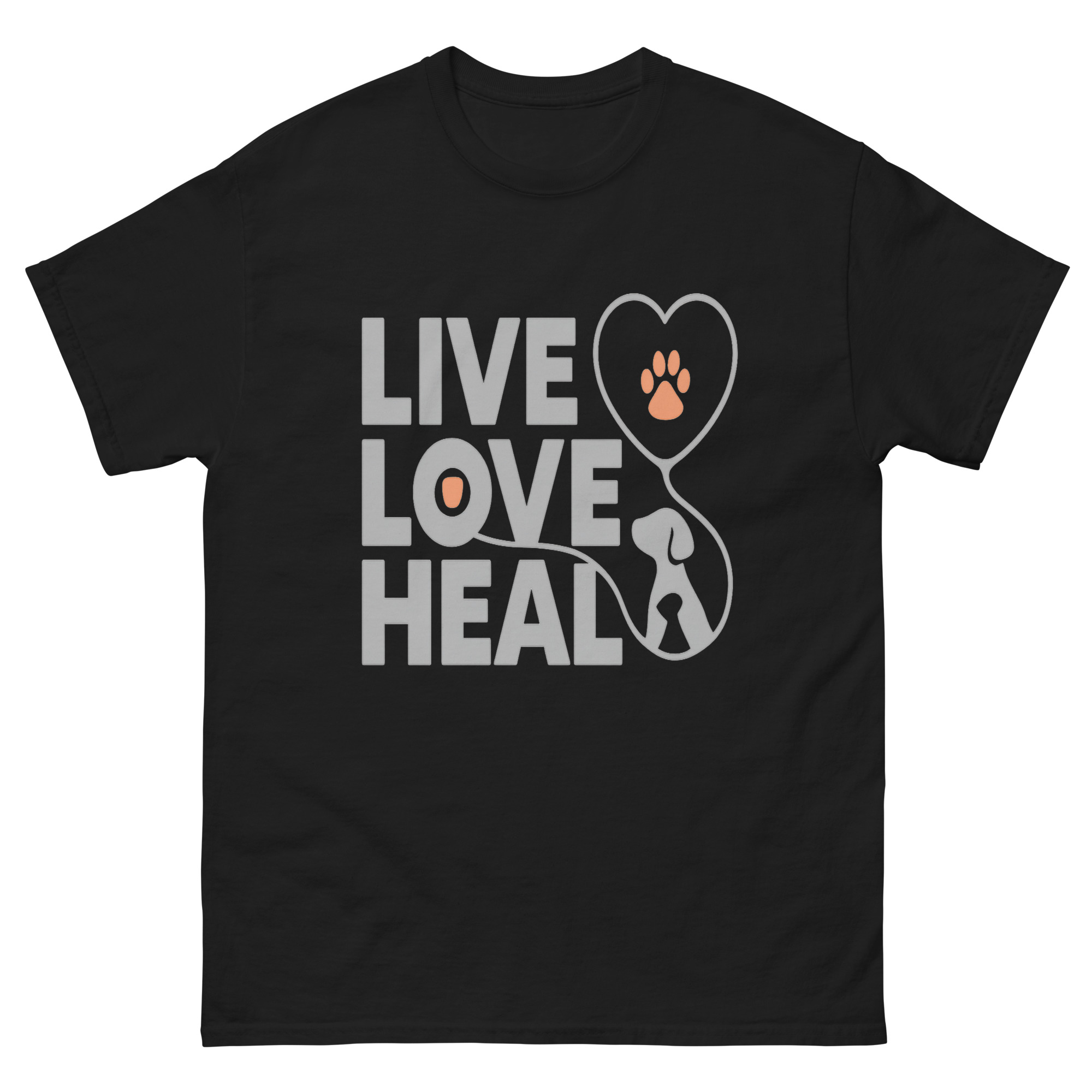 Live Love Heal veterinary t-shirt with stethoscope and paw print