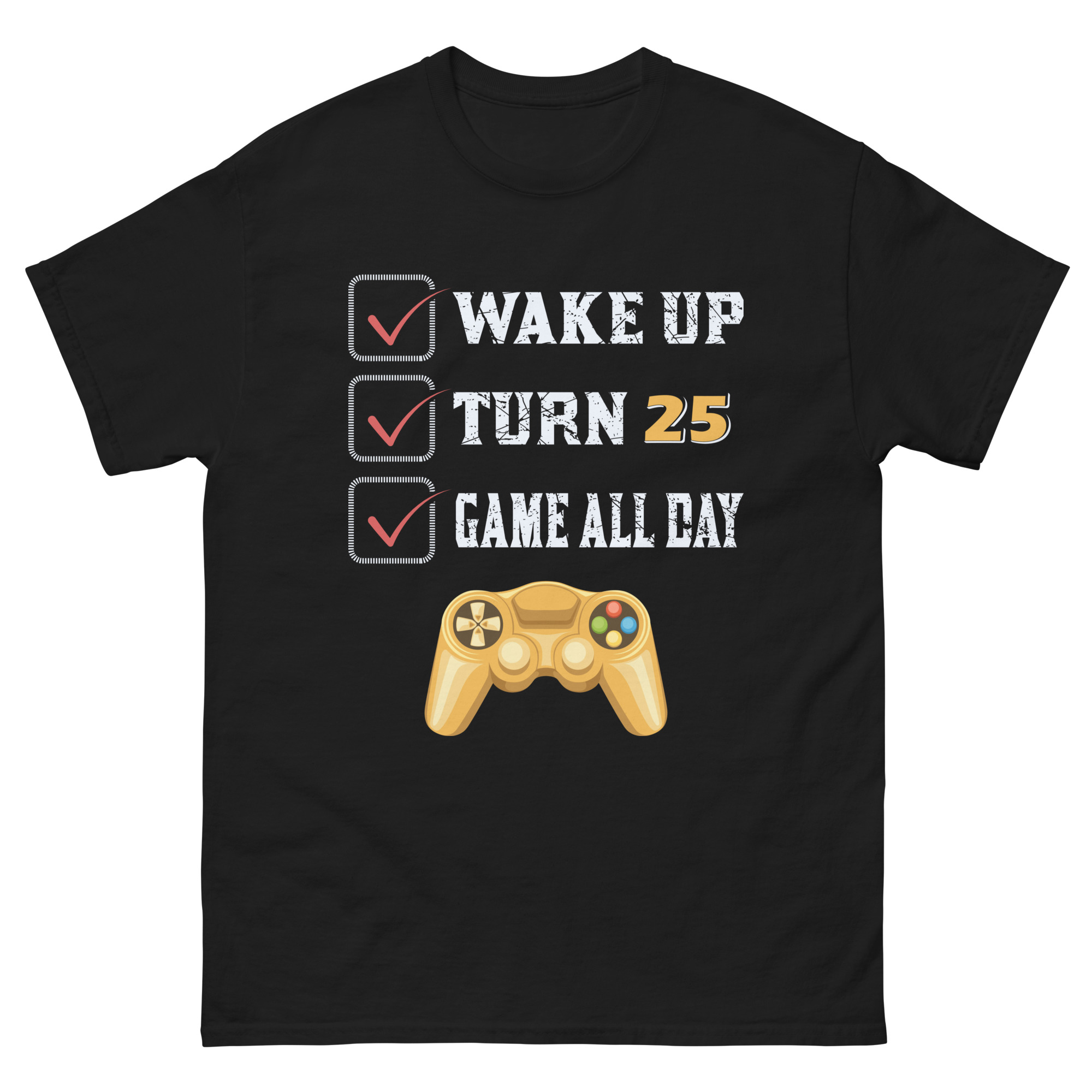Turn 25 gamer birthday t-shirt with checklist and controller