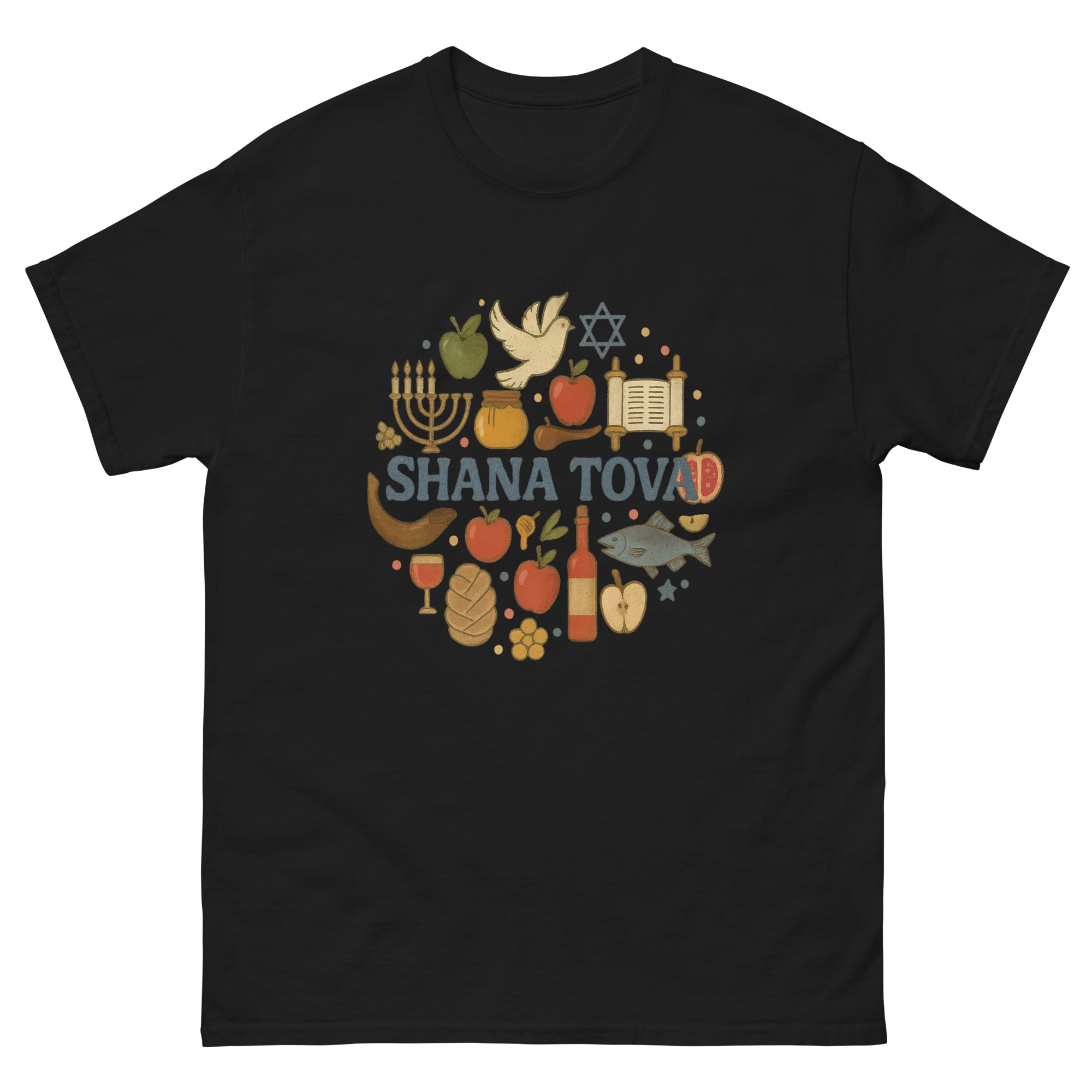 Shana Tova Rosh Hashanah t shirt with holiday icons circle