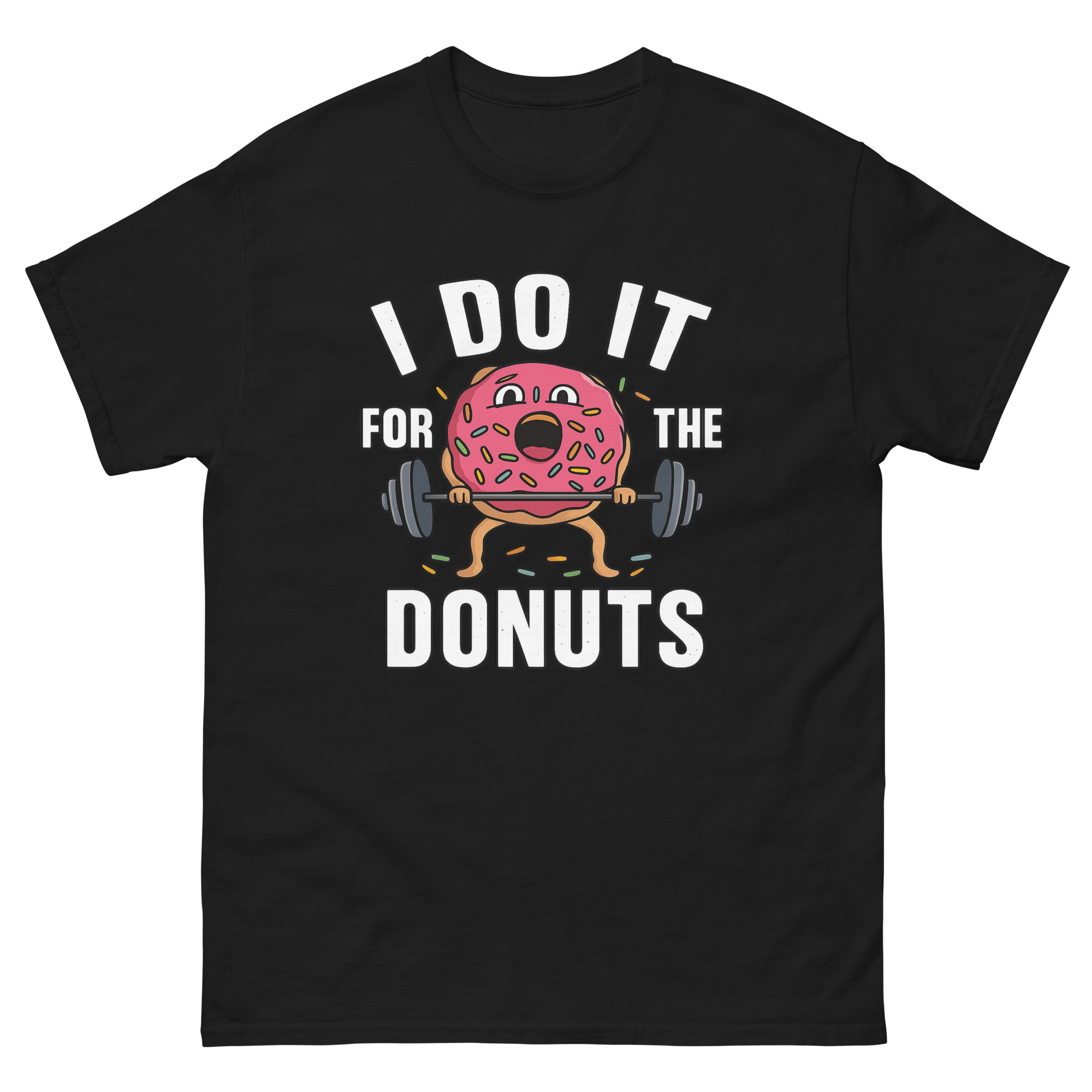 t-shirt with cartoon donut lifting barbell – Funny gym shirt