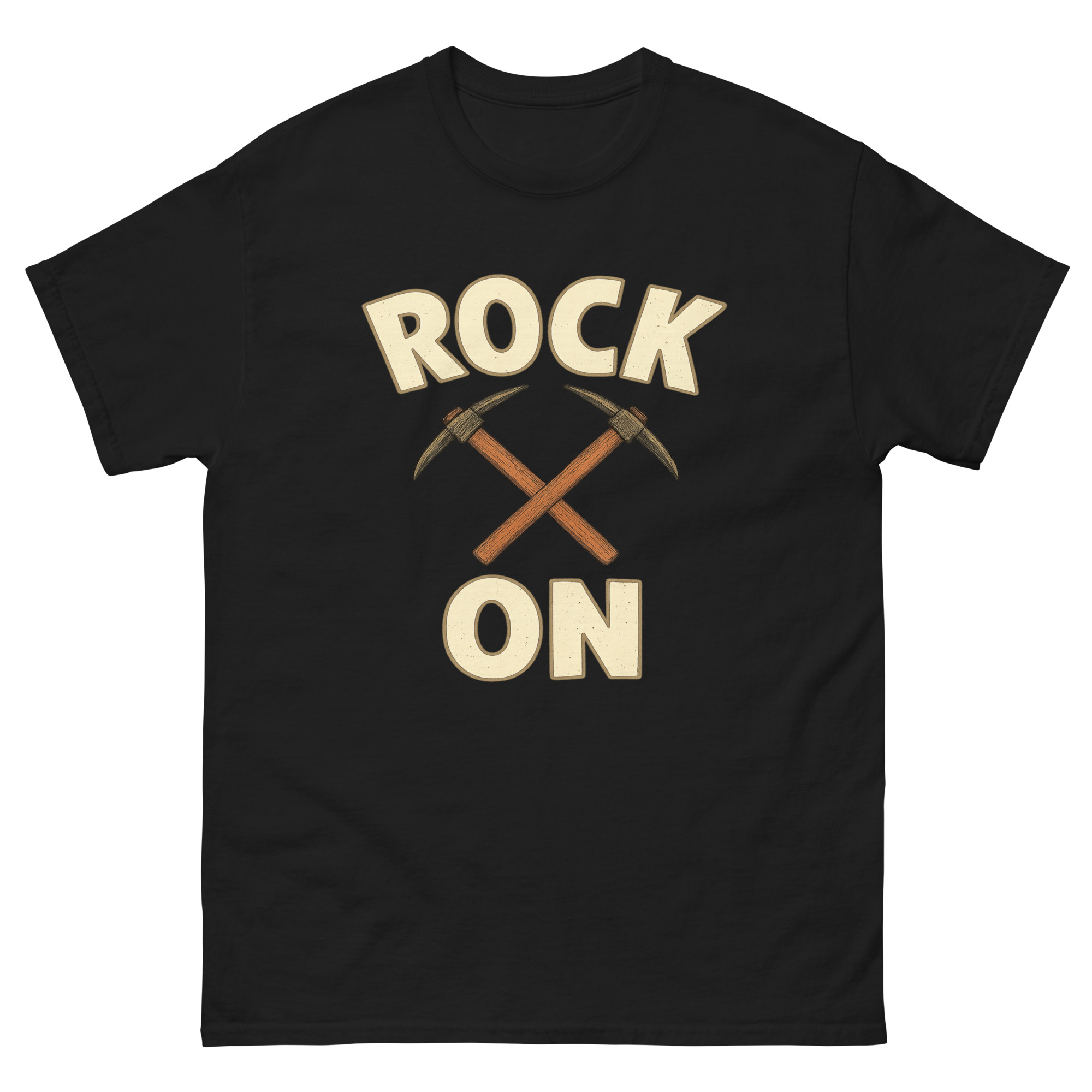 rock on geology pun shirt with pickaxes