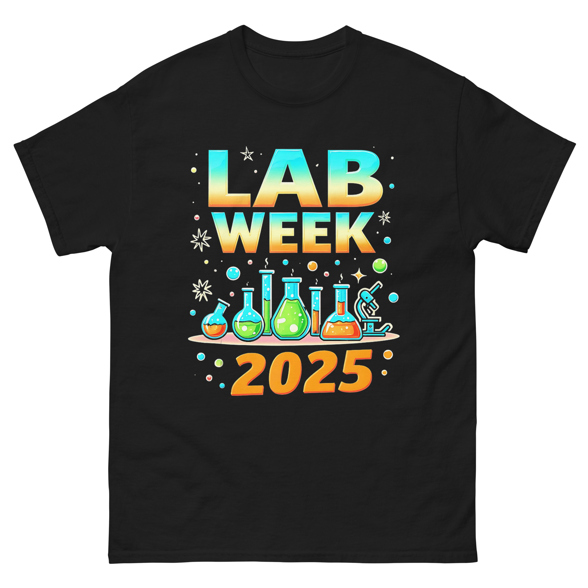 Lab Week 2025 T-shirt with colorful science beakers and microscop
