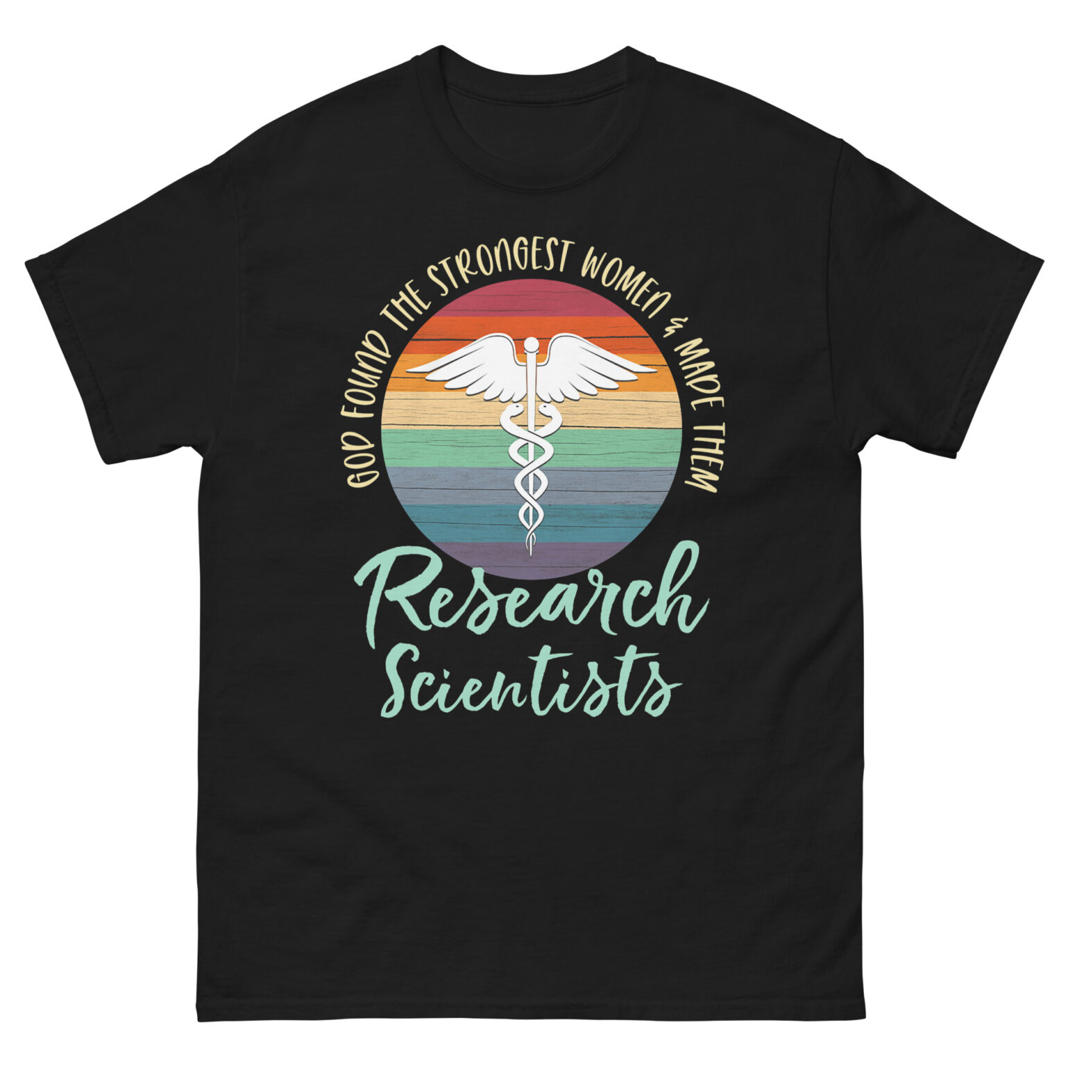 Women in science shirt with retro sunset and caduceus design