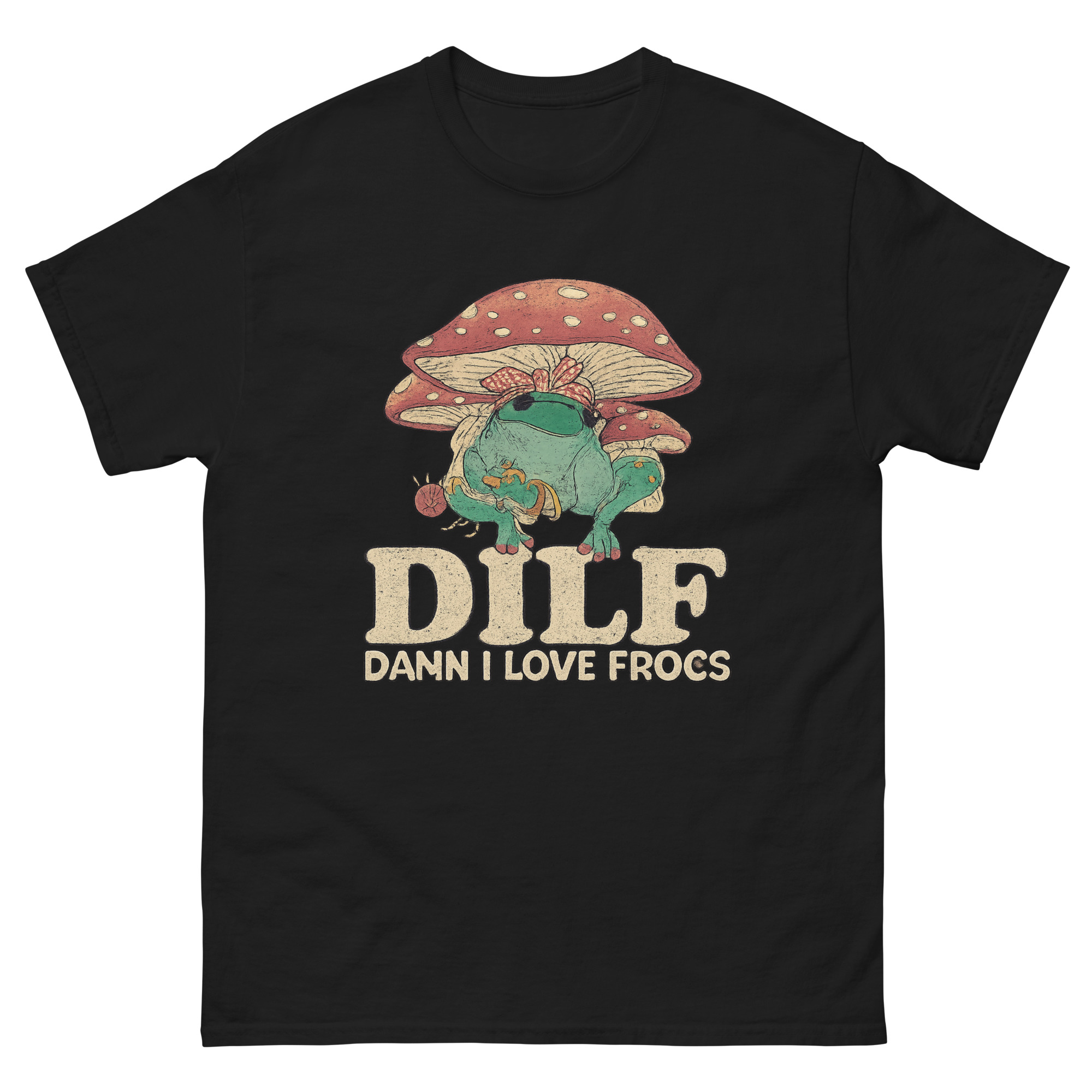 Funny DILF Damn I Love Frogs t shirt with mushroom frog graphic