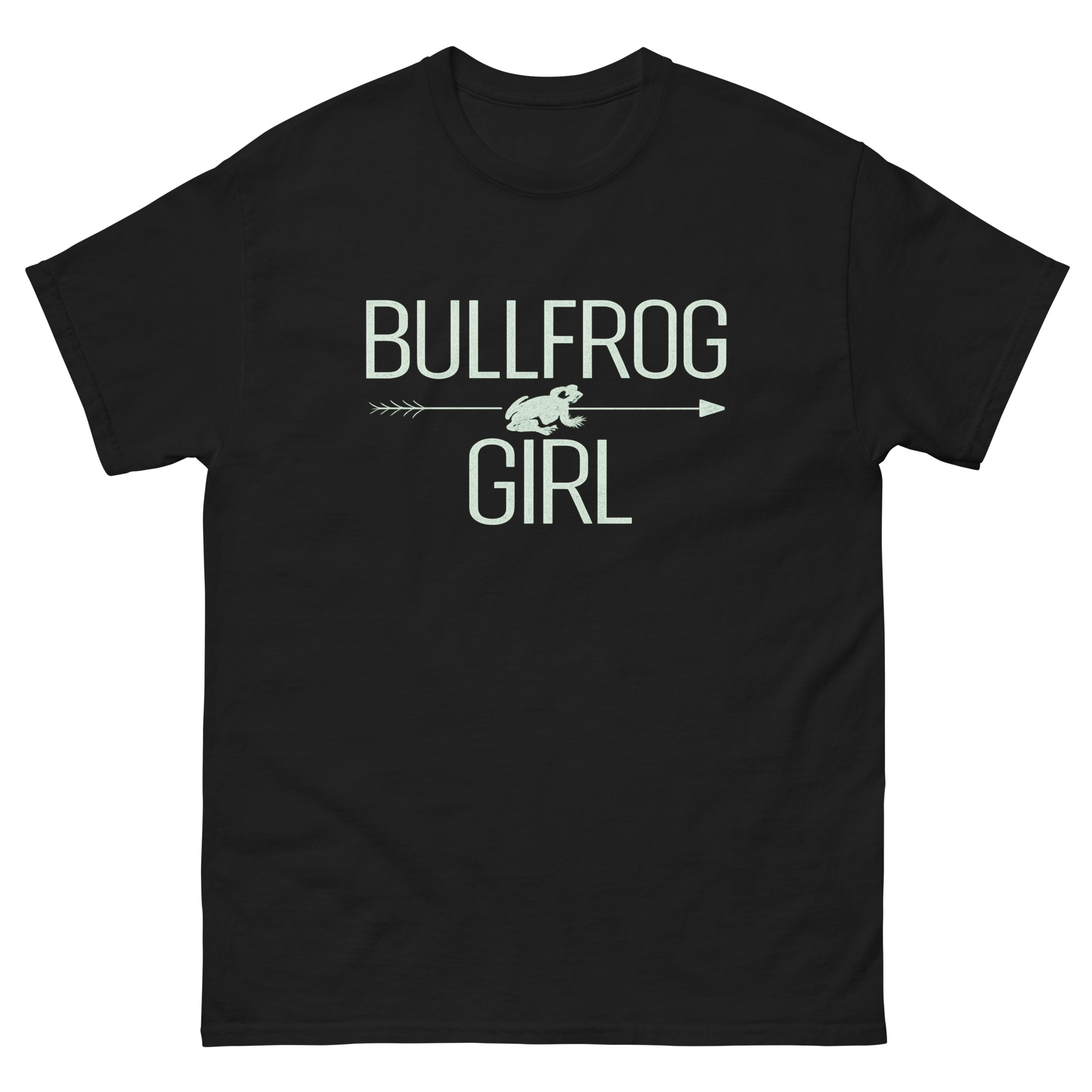 Bullfrog Girl t shirt with bullfrog and arrow graphic