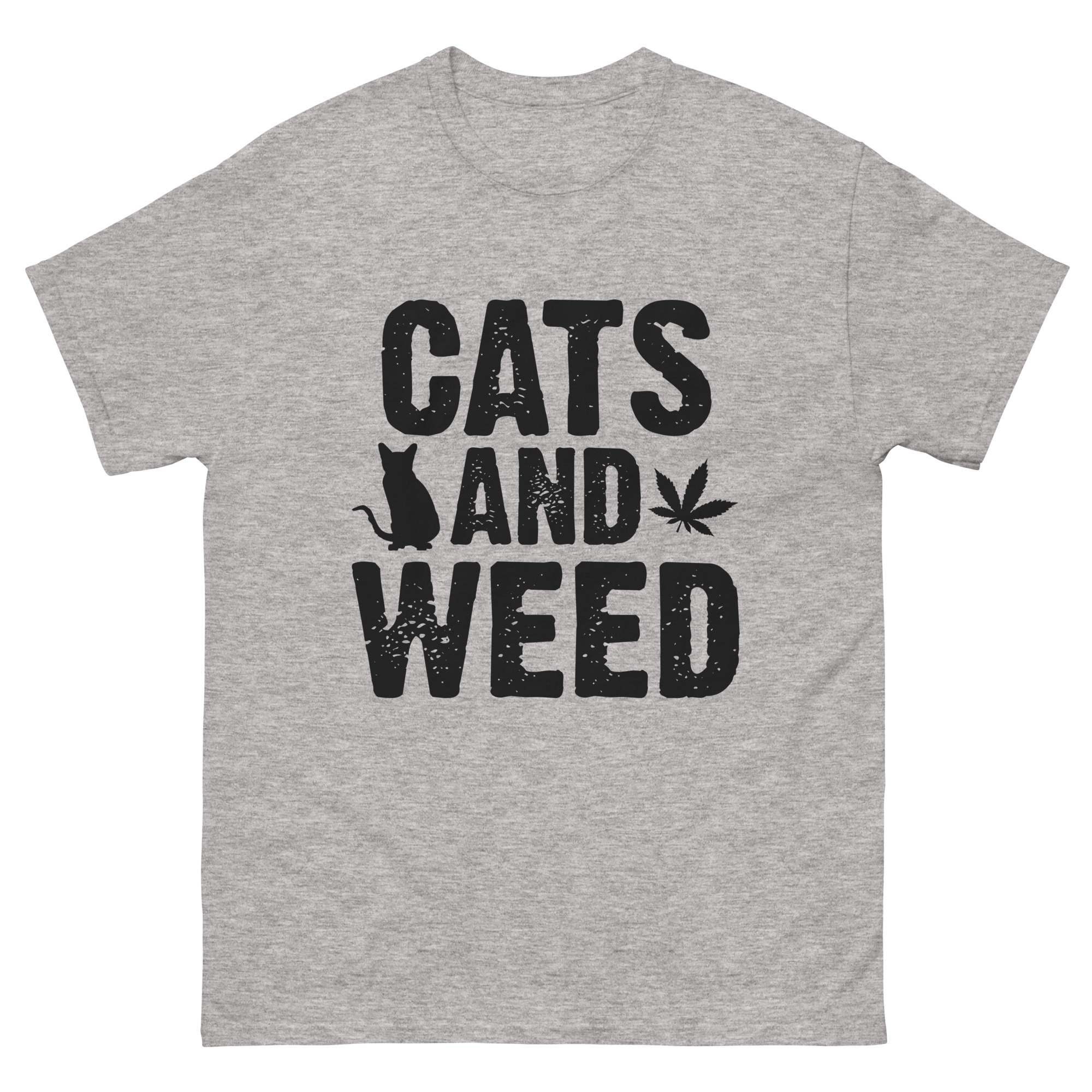 Gray t-shirt with “Cats and Weed” text and silhouette of cat and cannabis leaf