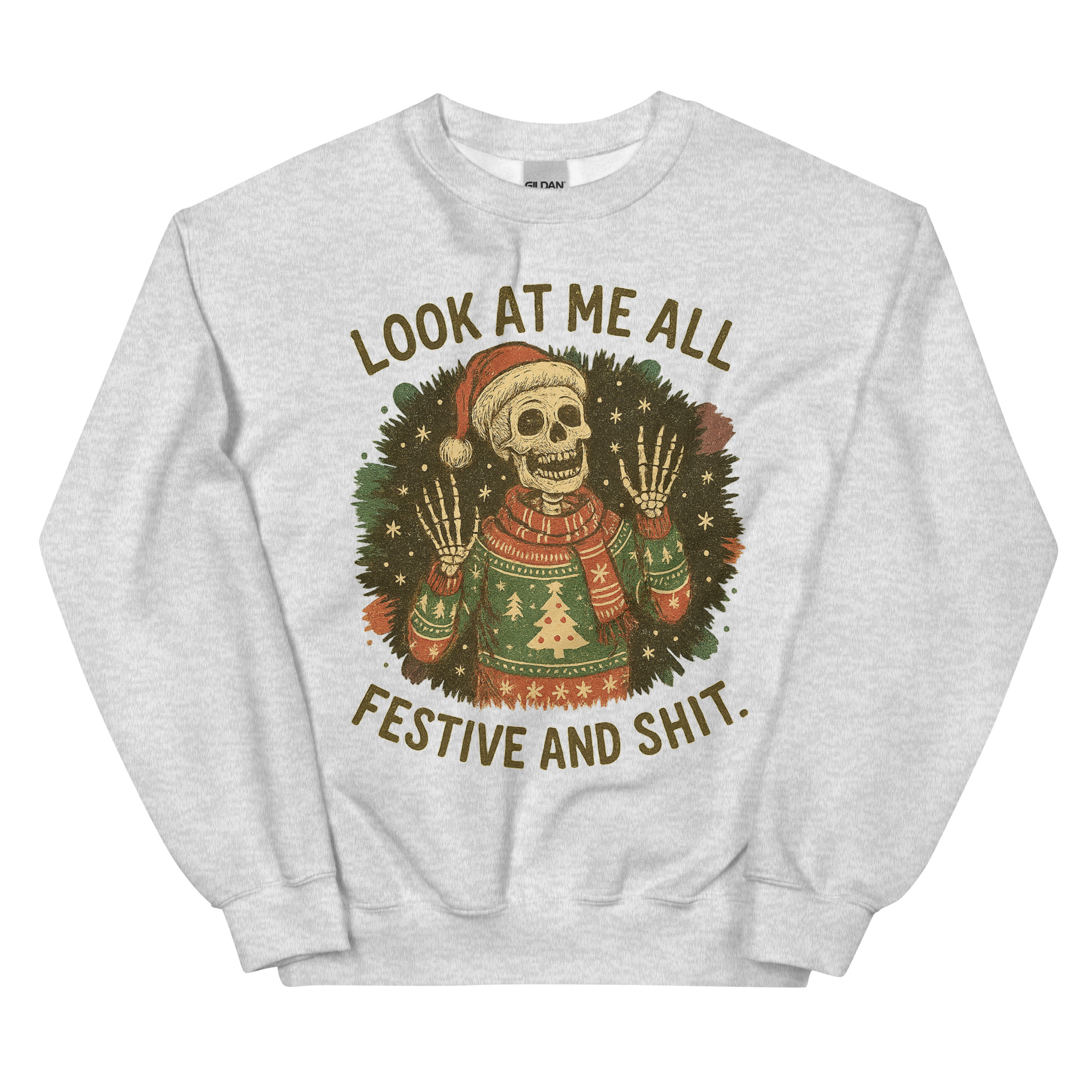 sarcastic skeleton christmas sweatshirt with santa hat