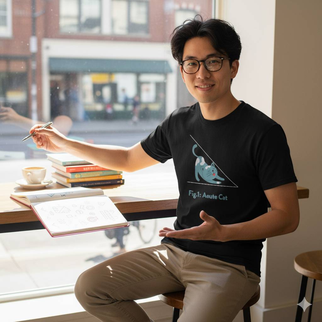 Funny Math Tee – Fig.1: Acute Cat Design Student wearing acute cat shirt in study setting