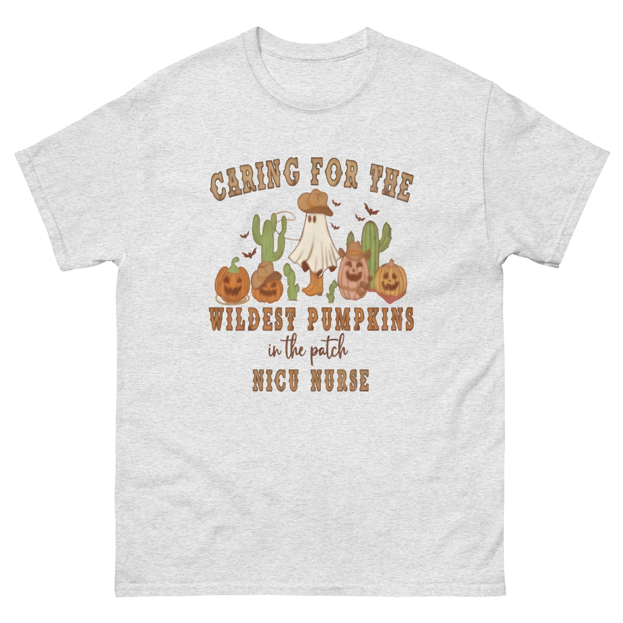nicu nurse halloween shirt with ghost cowboy and caring for pumpkins design