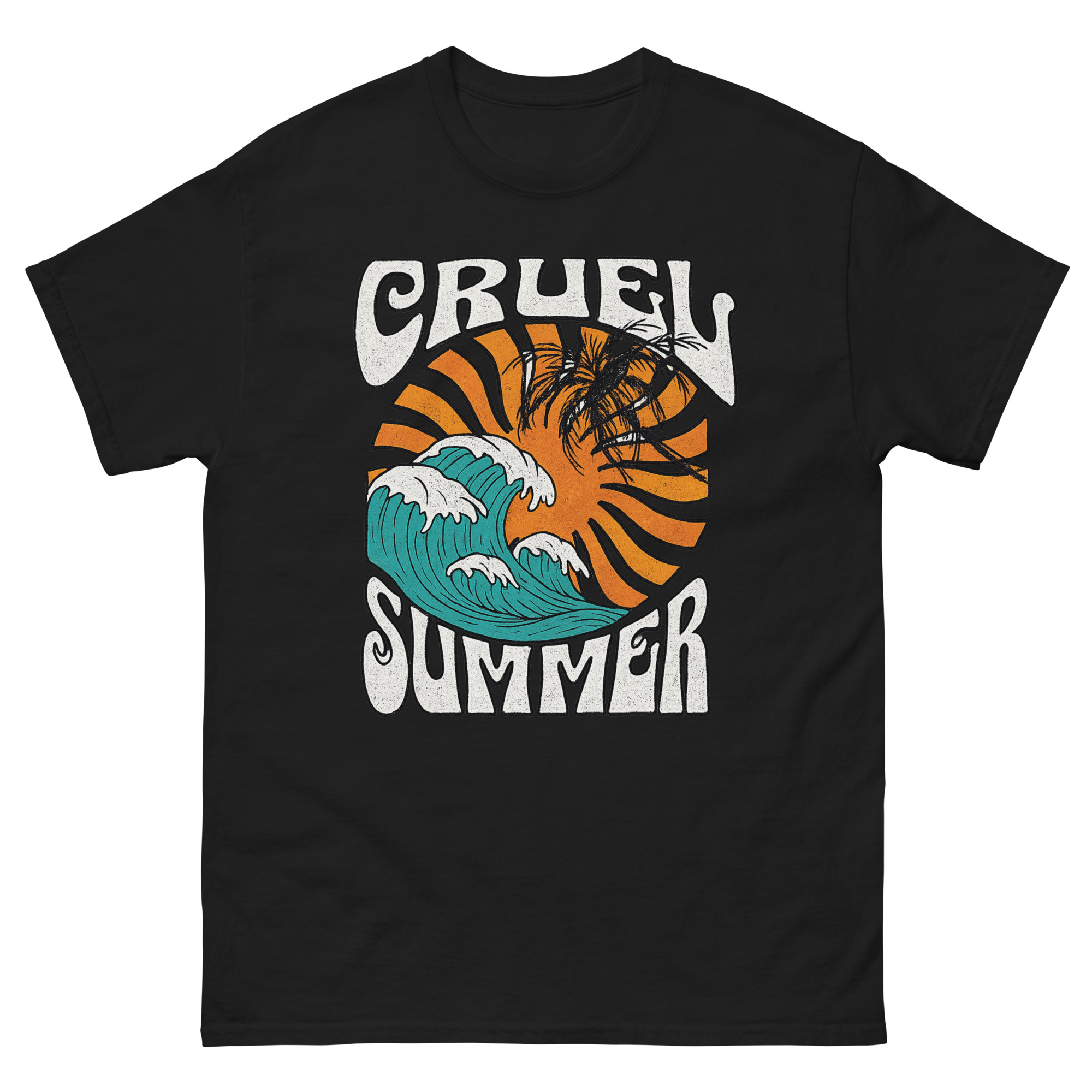 cruel summer retro wave graphic t shirt with sunset and palm trees